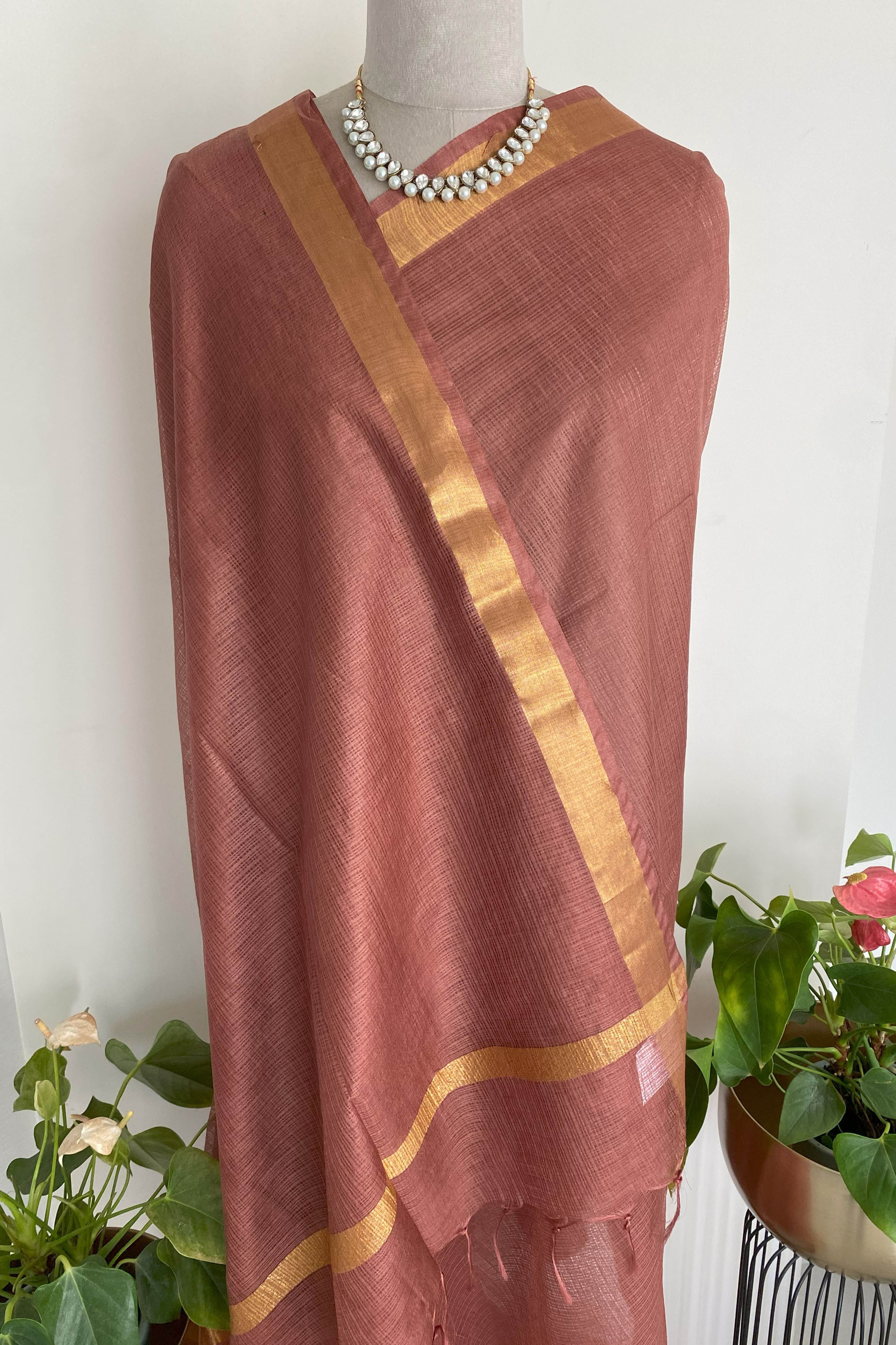 Alya Kota cotton Saree in Copper Brown Colour with Golden Border - Indian Handloomz