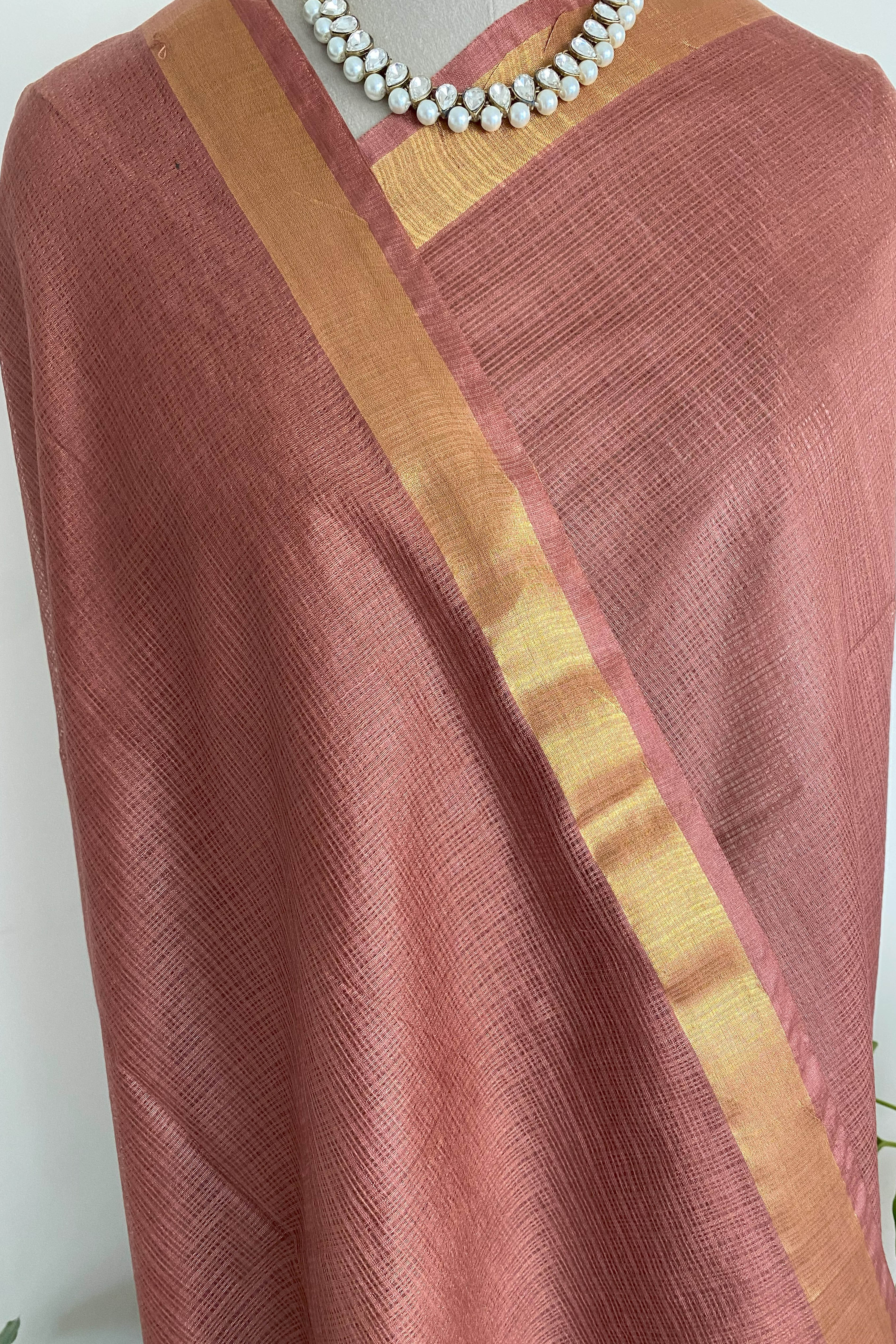 Alya Kota cotton Saree in Copper Brown Colour with Golden Border - Indian Handloomz