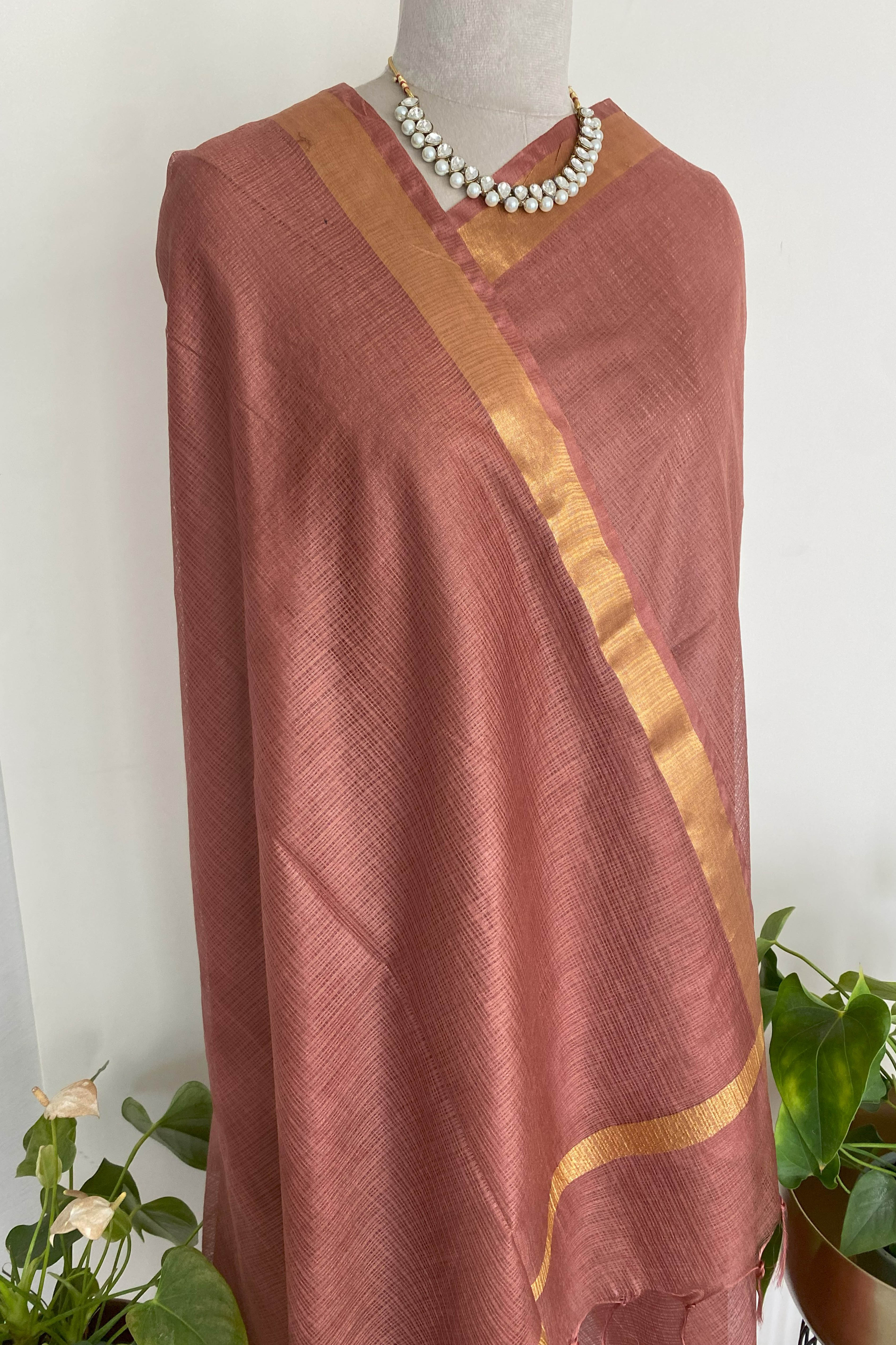 Alya Kota cotton Saree in Copper Brown Colour with Golden Border - Indian Handloomz