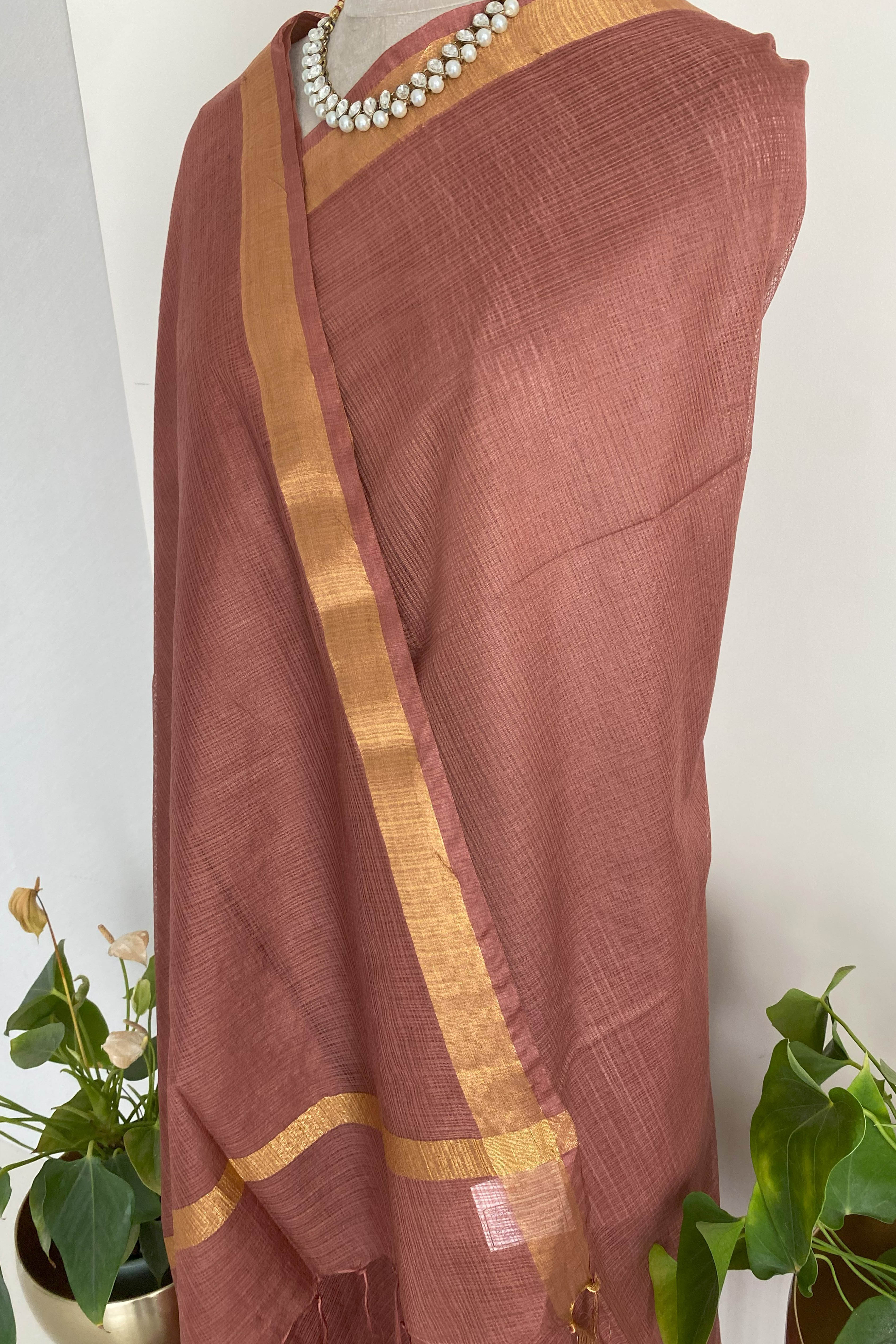 Alya Kota cotton Saree in Copper Brown Colour with Golden Border - Indian Handloomz