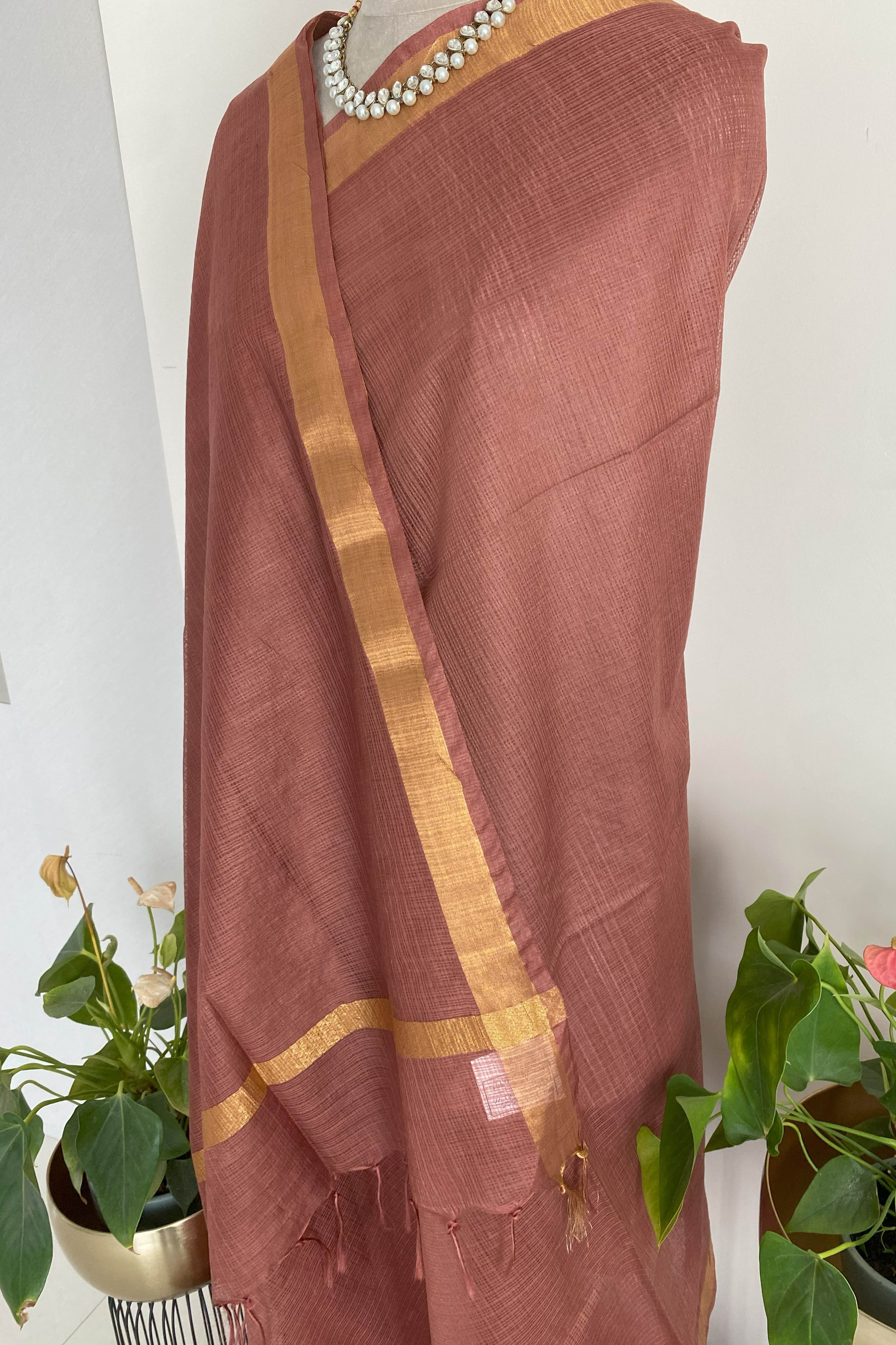 Alya Kota cotton Saree in Copper Brown Colour with Golden Border - Indian Handloomz