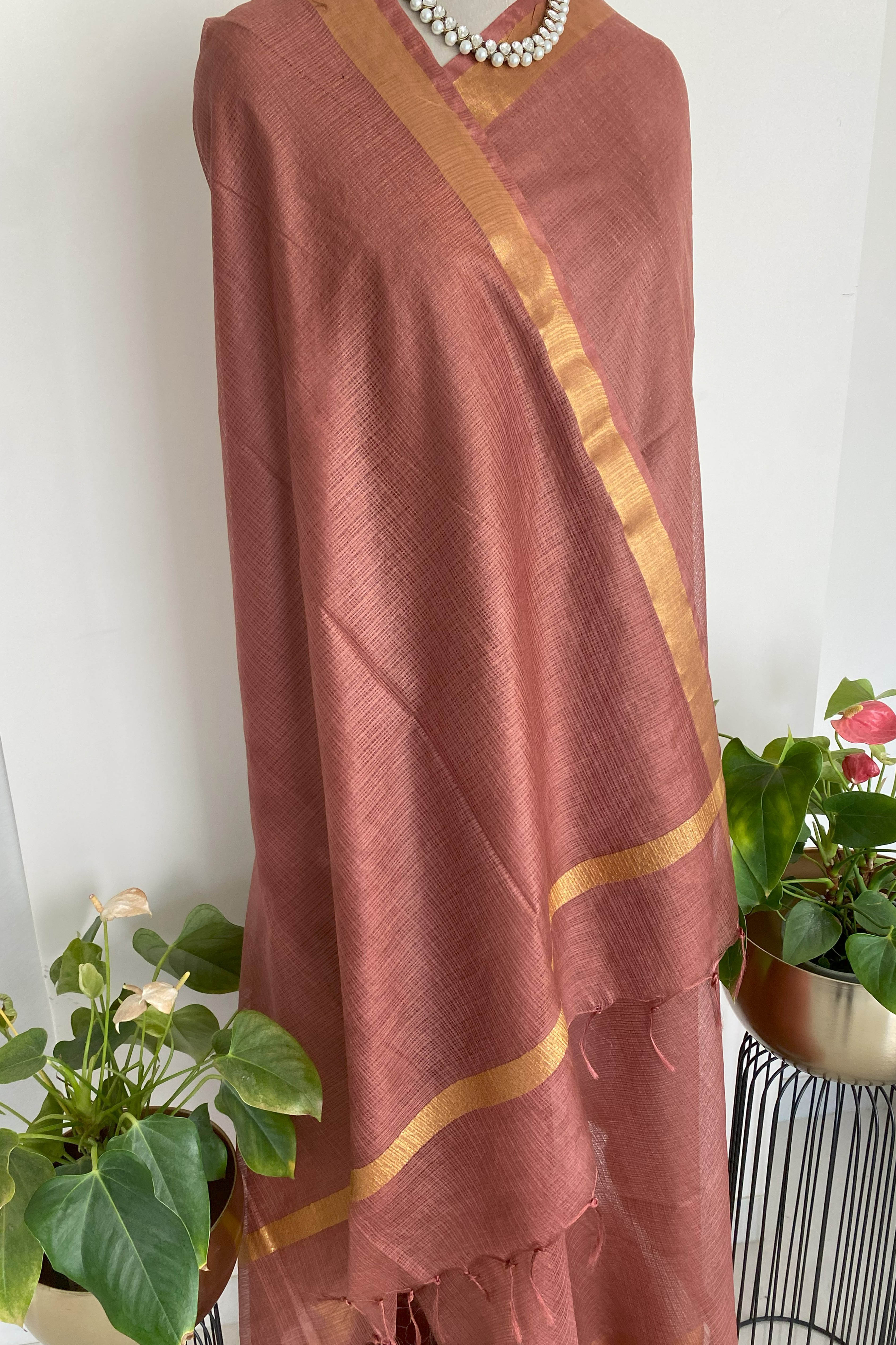 Alya Kota cotton Saree in Copper Brown Colour with Golden Border - Indian Handloomz