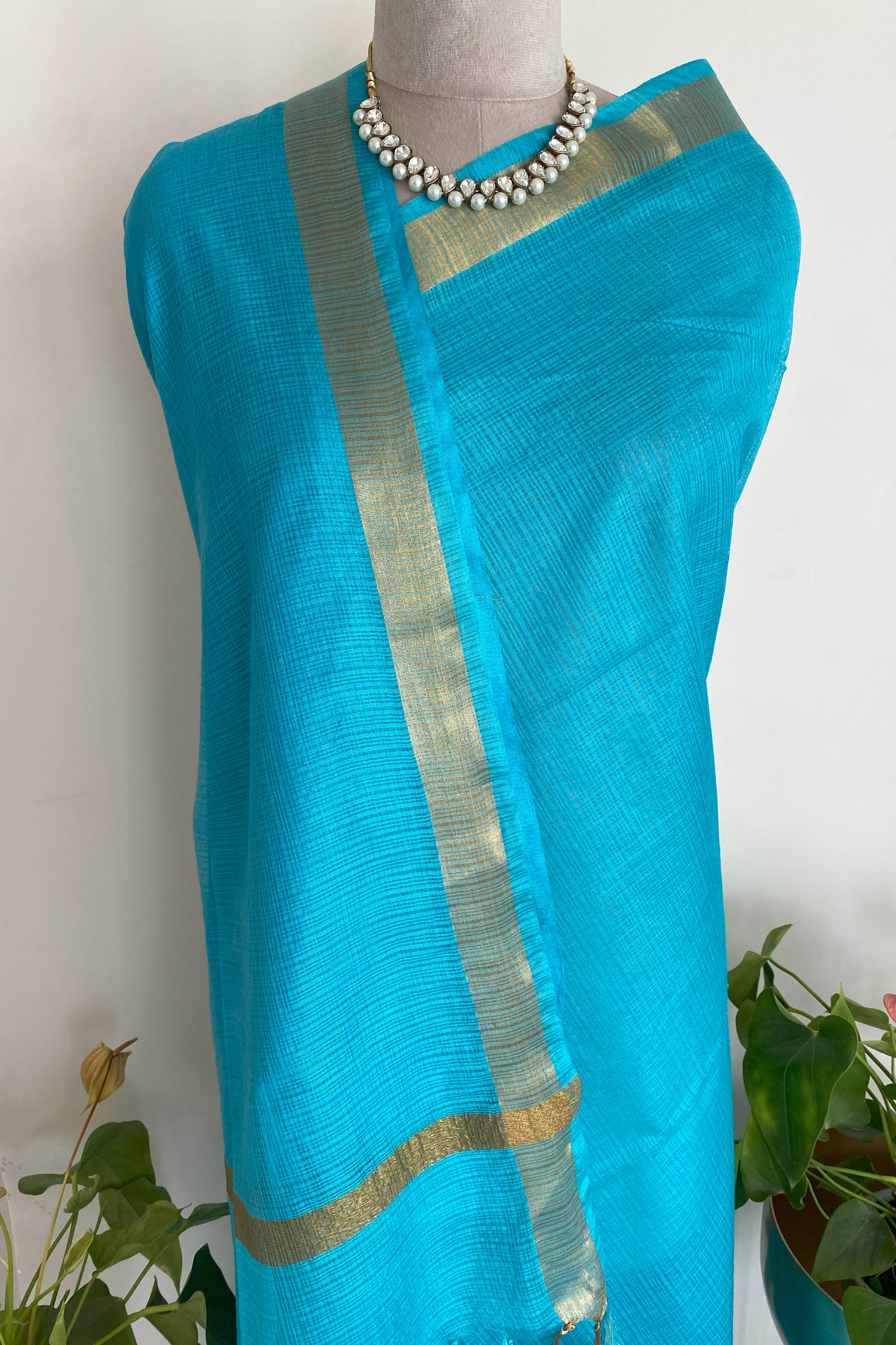 Dhwani Kota Silk Saree in Peacock Blue Colour with Golden Border - Indian Handloomz