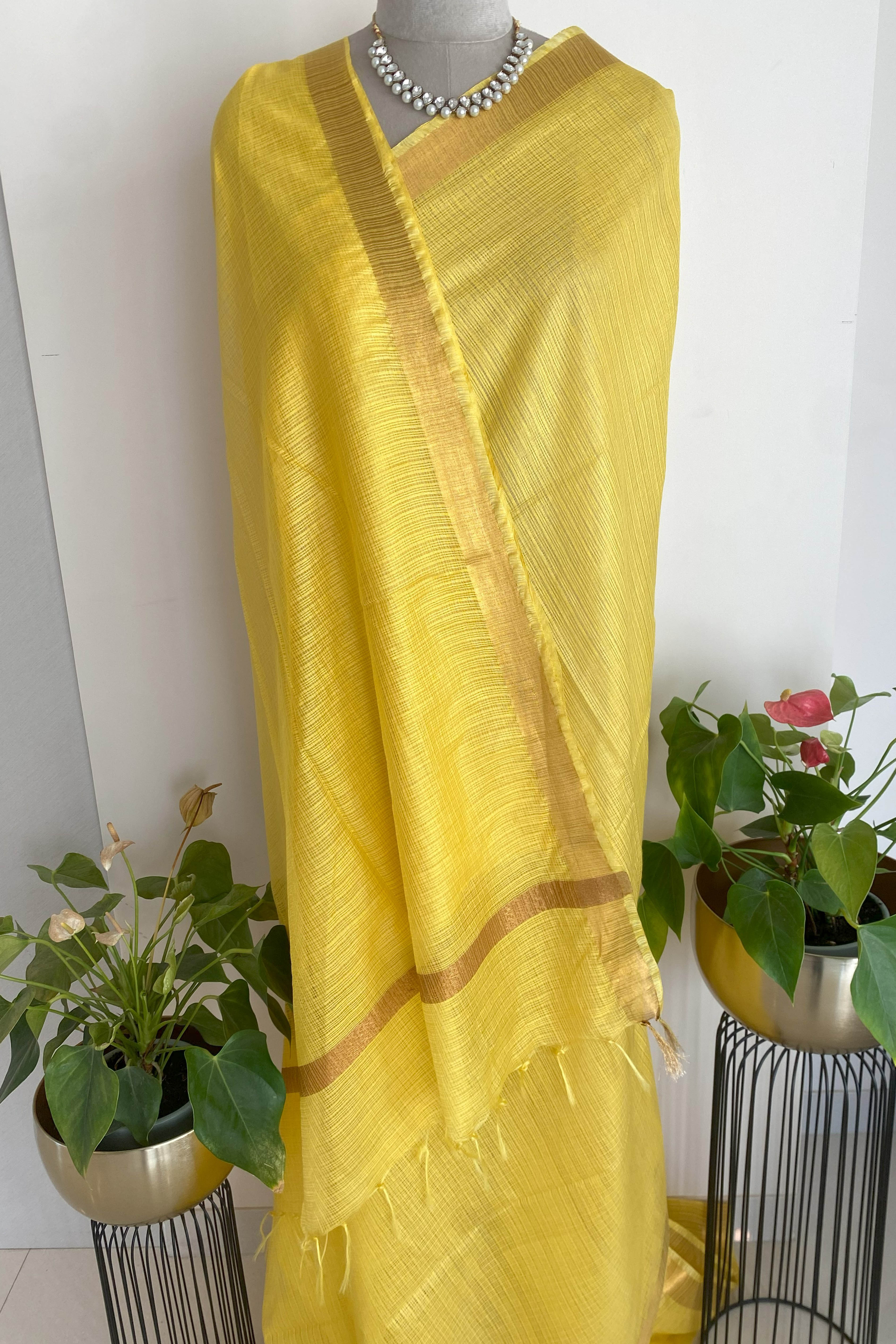 Aashvi Kota Silk Saree in Yellow Colour with Golden Border