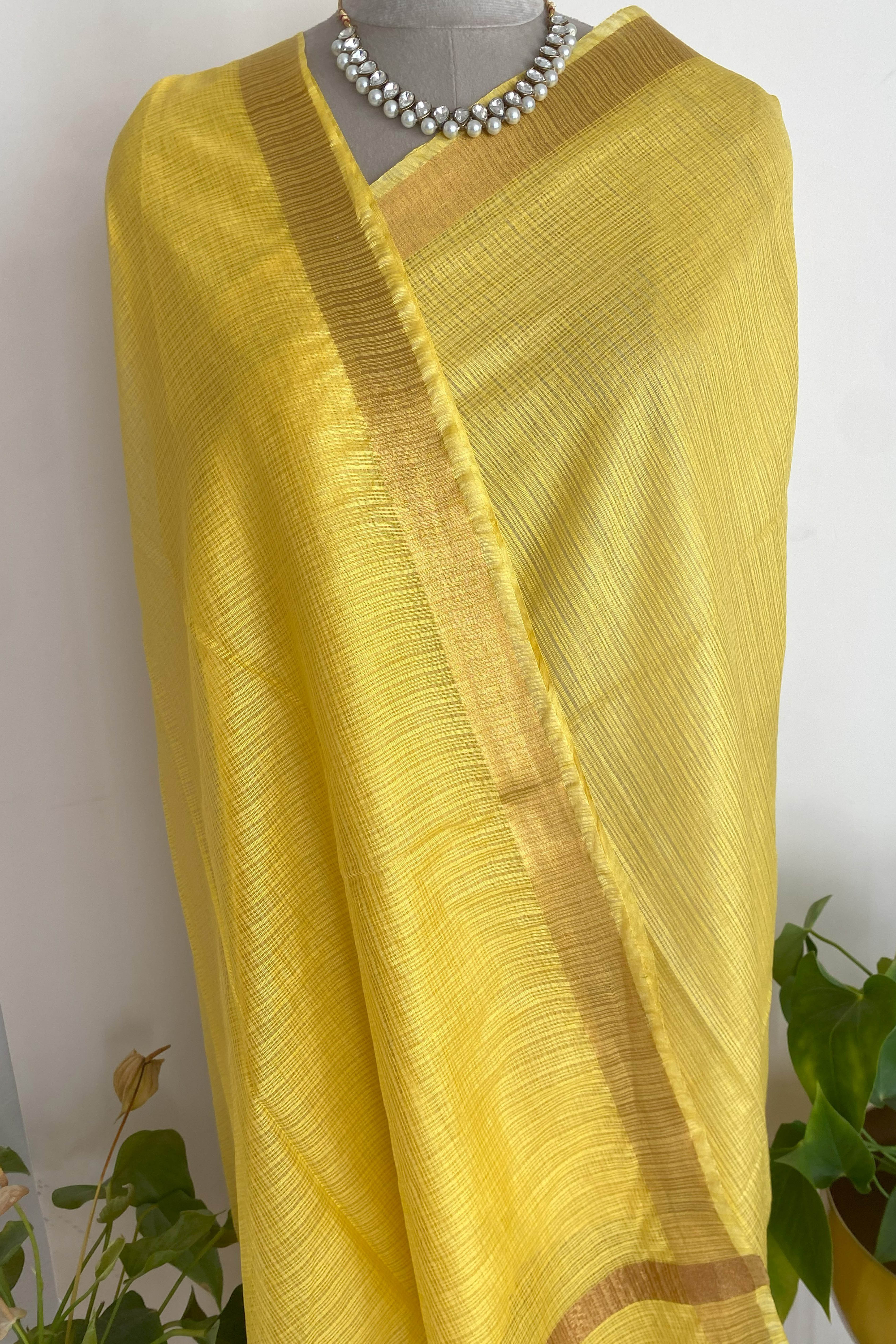 Aashvi Kota Cotton Saree in Yellow Colour with Golden Border - Indian Handloomz