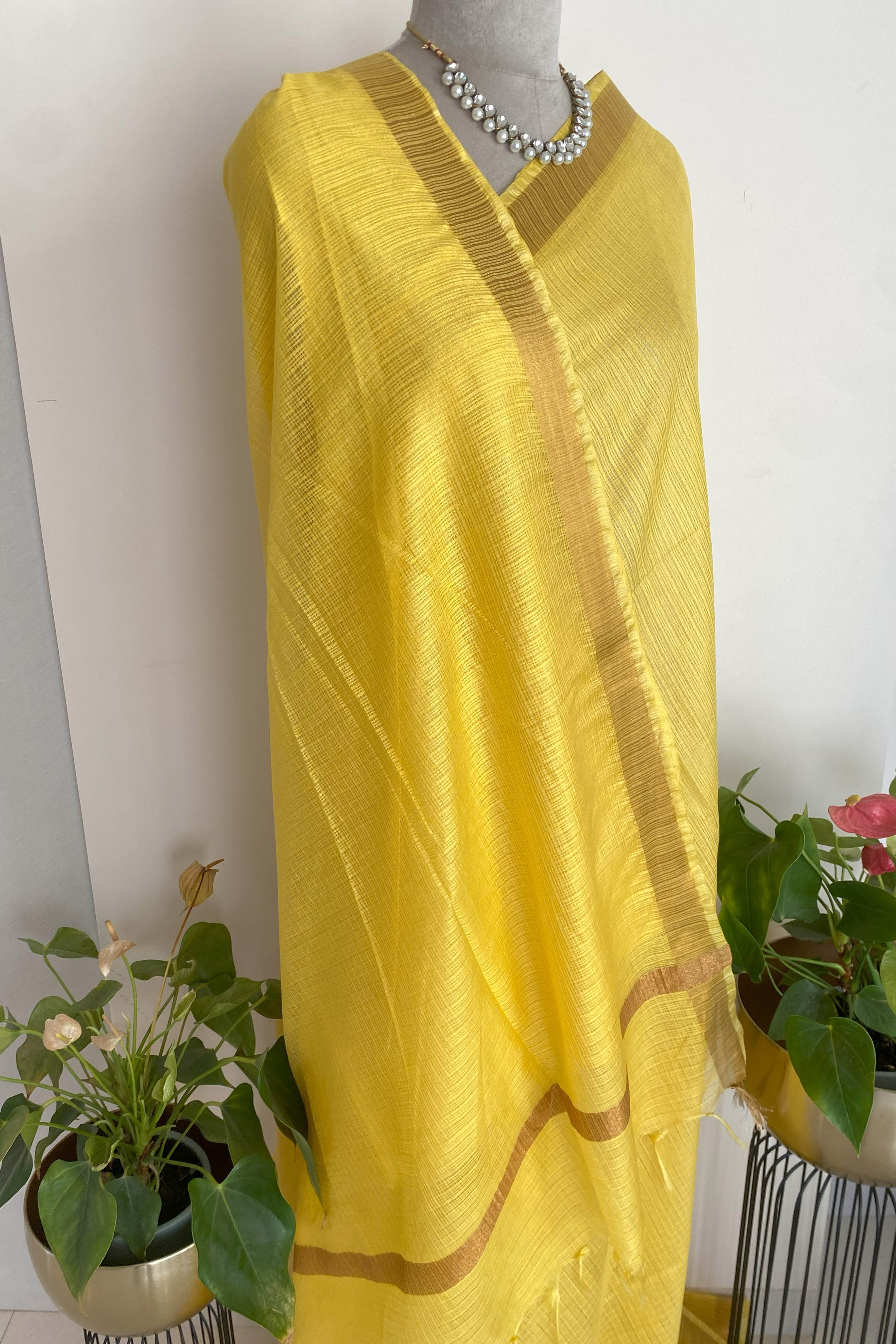 Aashvi Kota Silk Saree in Yellow Colour with Golden Border