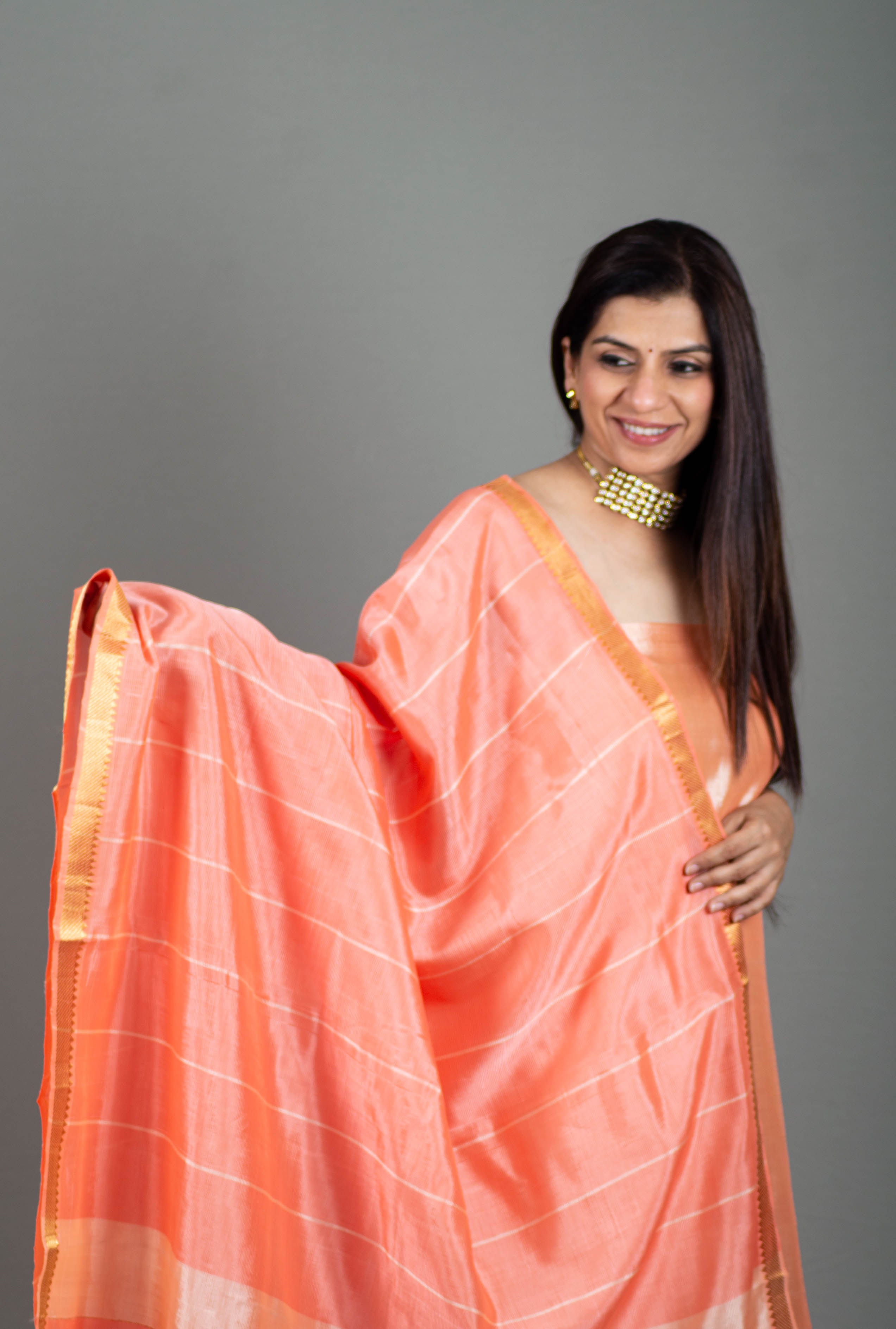 Surili Pure Venkatagiri Silk Unstitched Suit Set in Royal Pinkish Peach with Gold Zari Border, Dupatta in Shades of Peach & Pink - Indian Handloomz