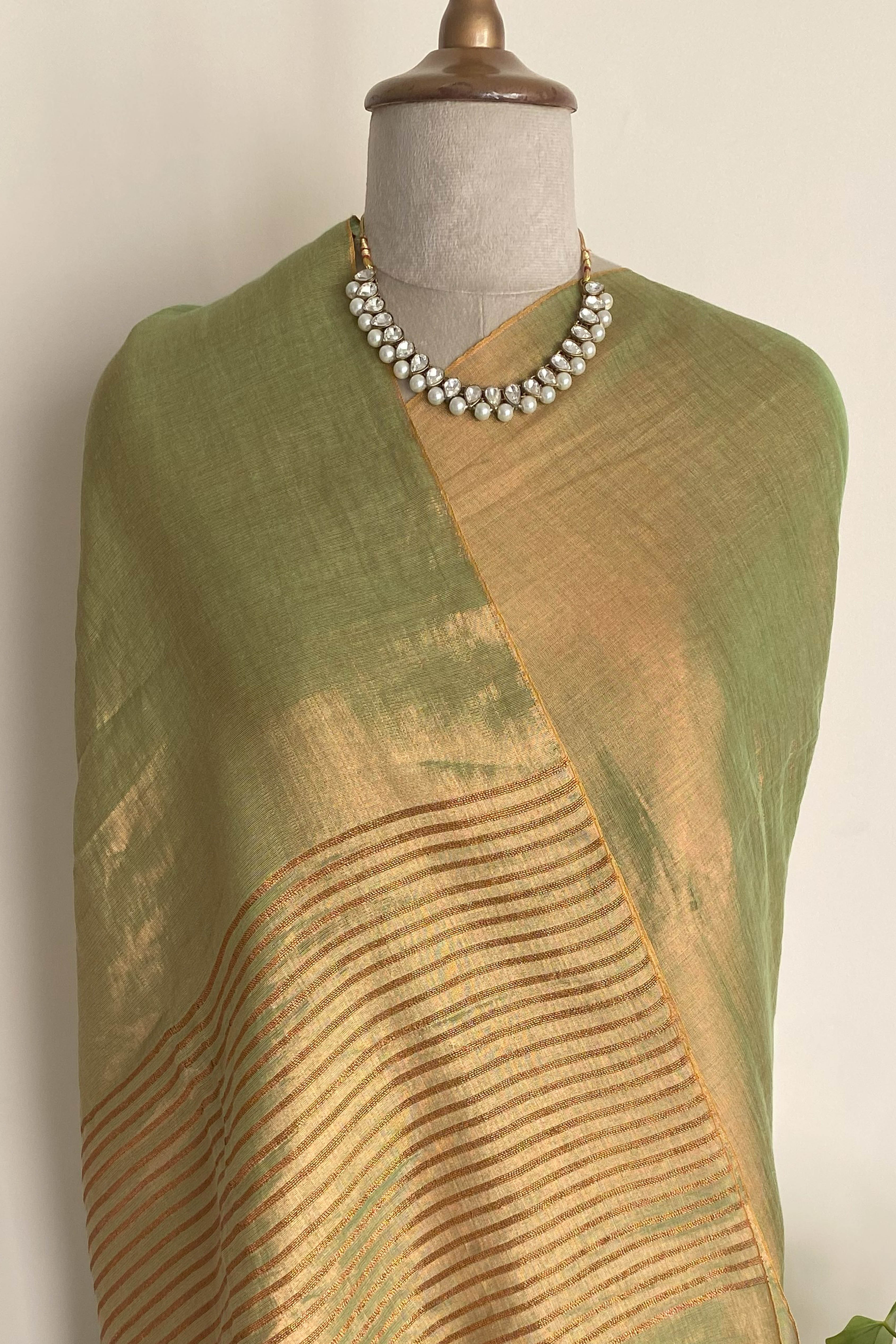 Revati Tissue Linen Saree in Moss Green