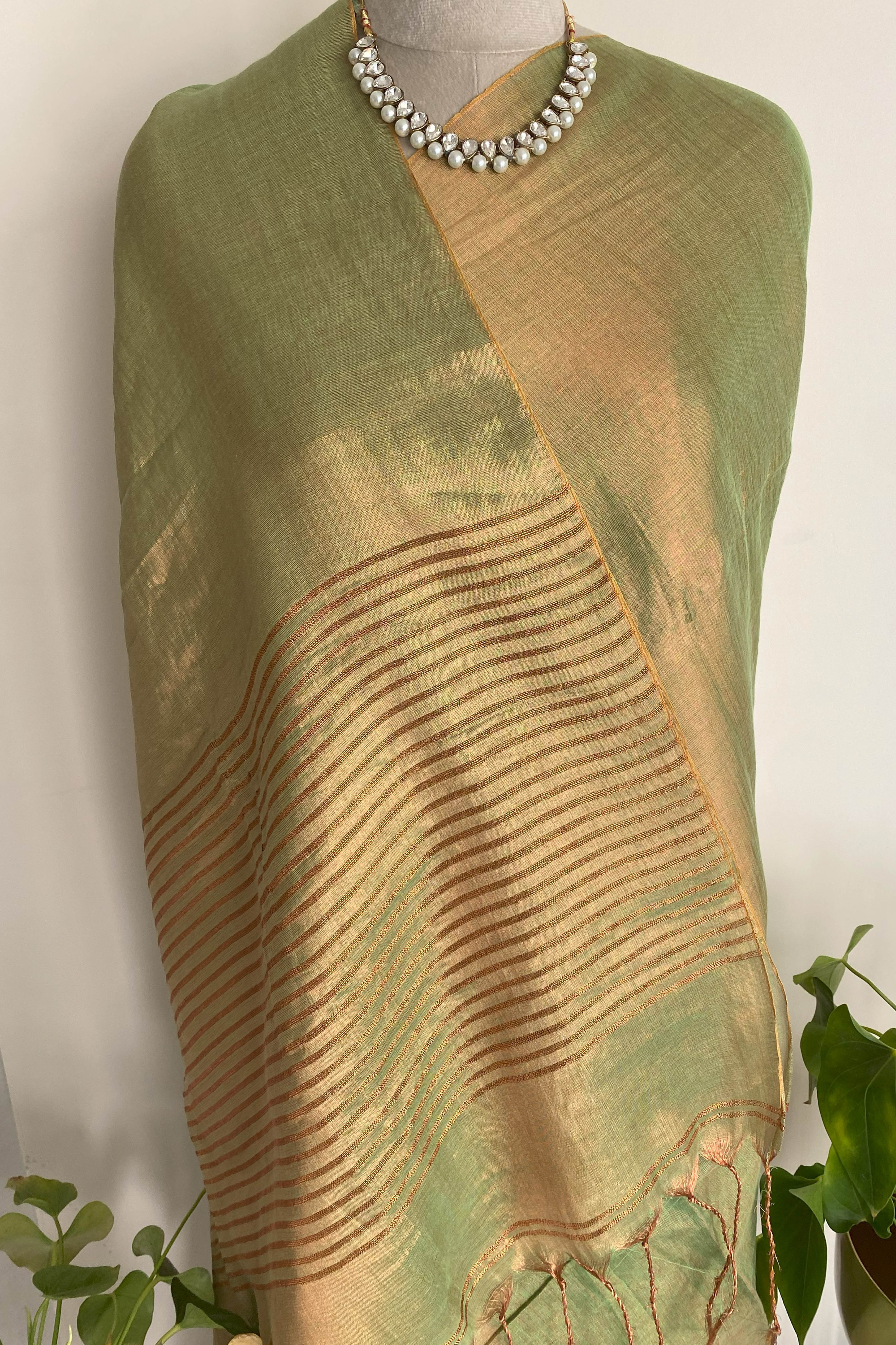 Revati Tissue Linen Saree in Moss Green