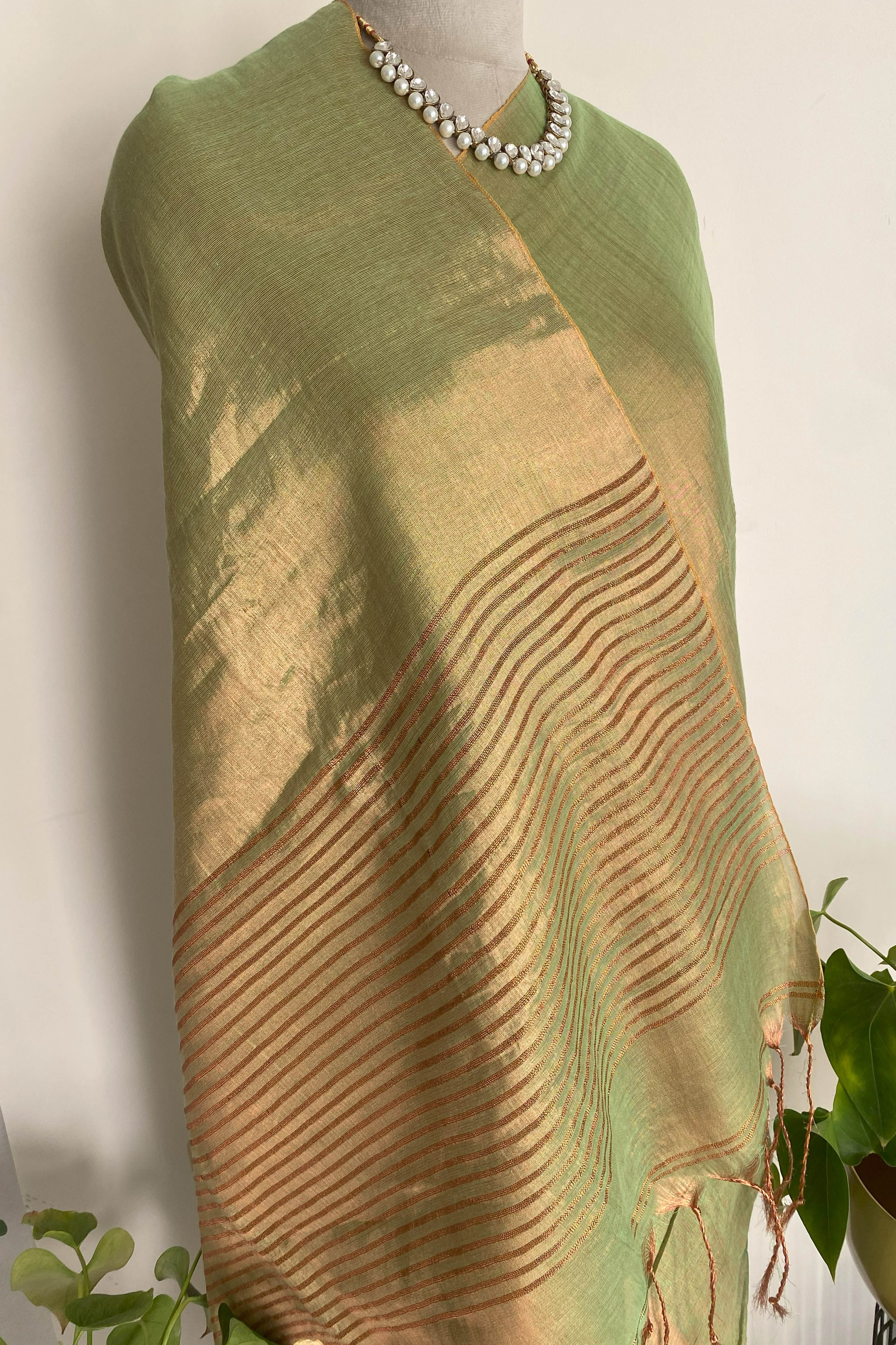 Revati Tissue Linen Saree in Moss Green