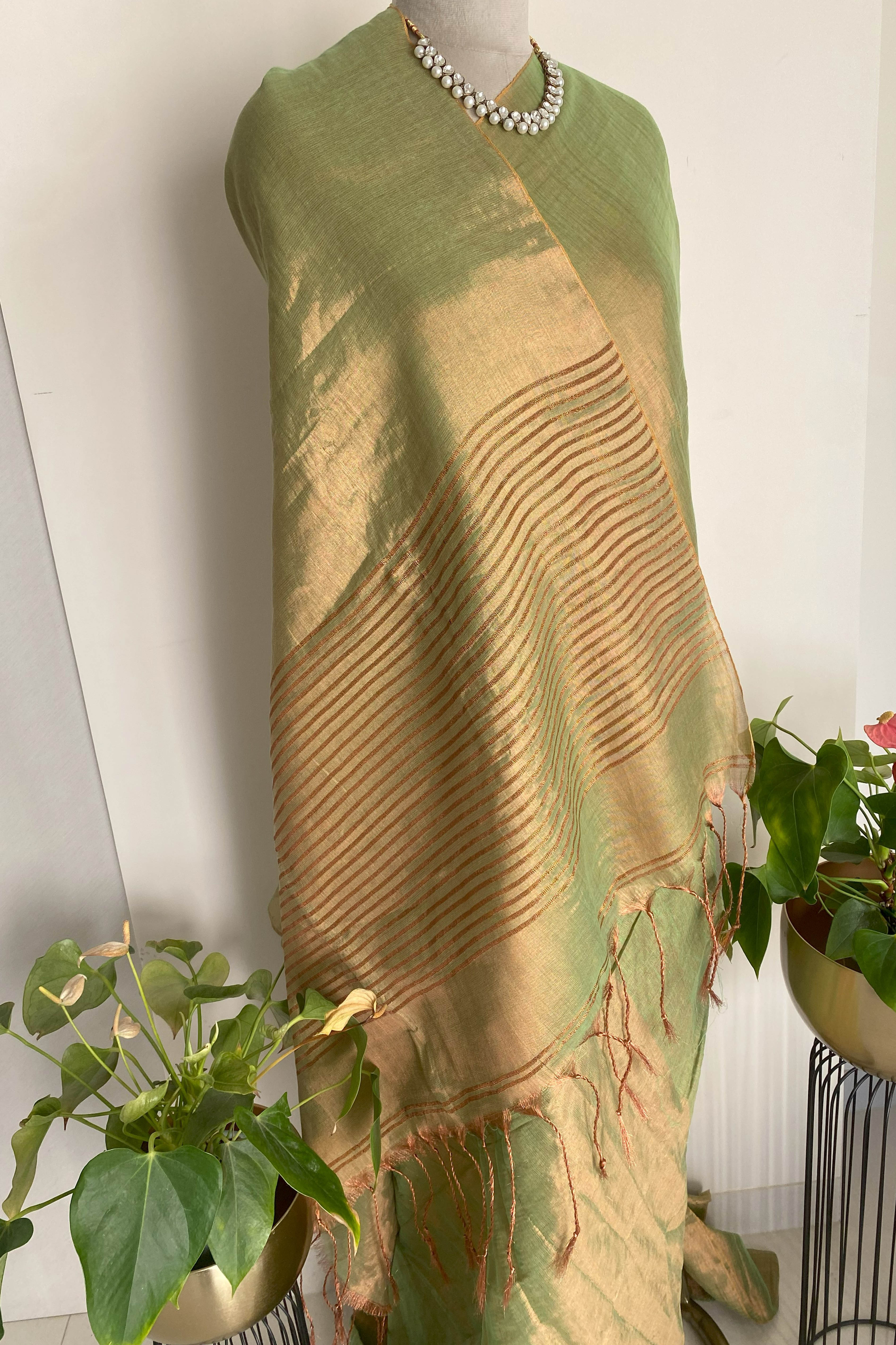Revati Tissue Linen Saree in Moss Green