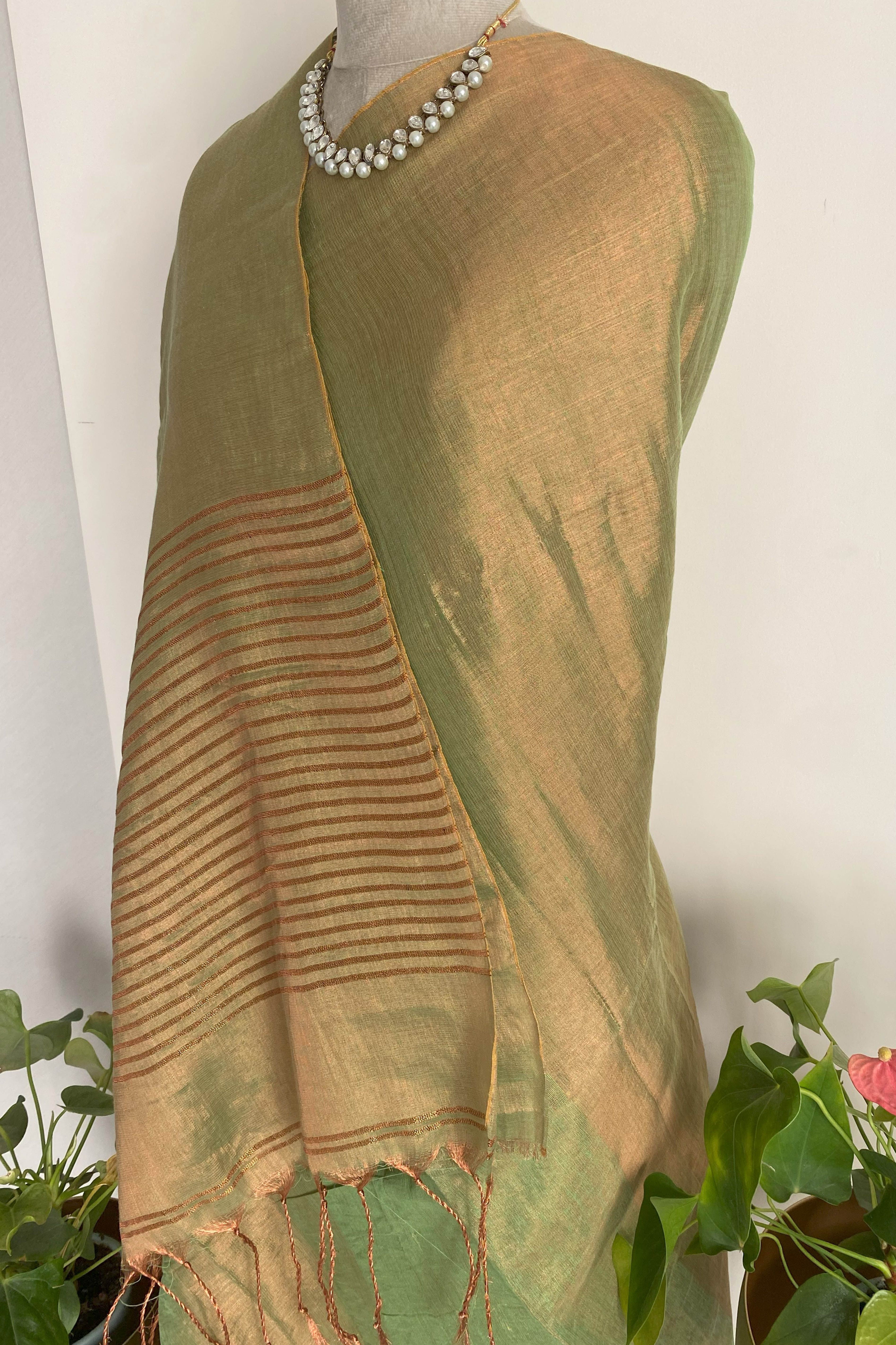 Revati Tissue Linen Saree in Moss Green