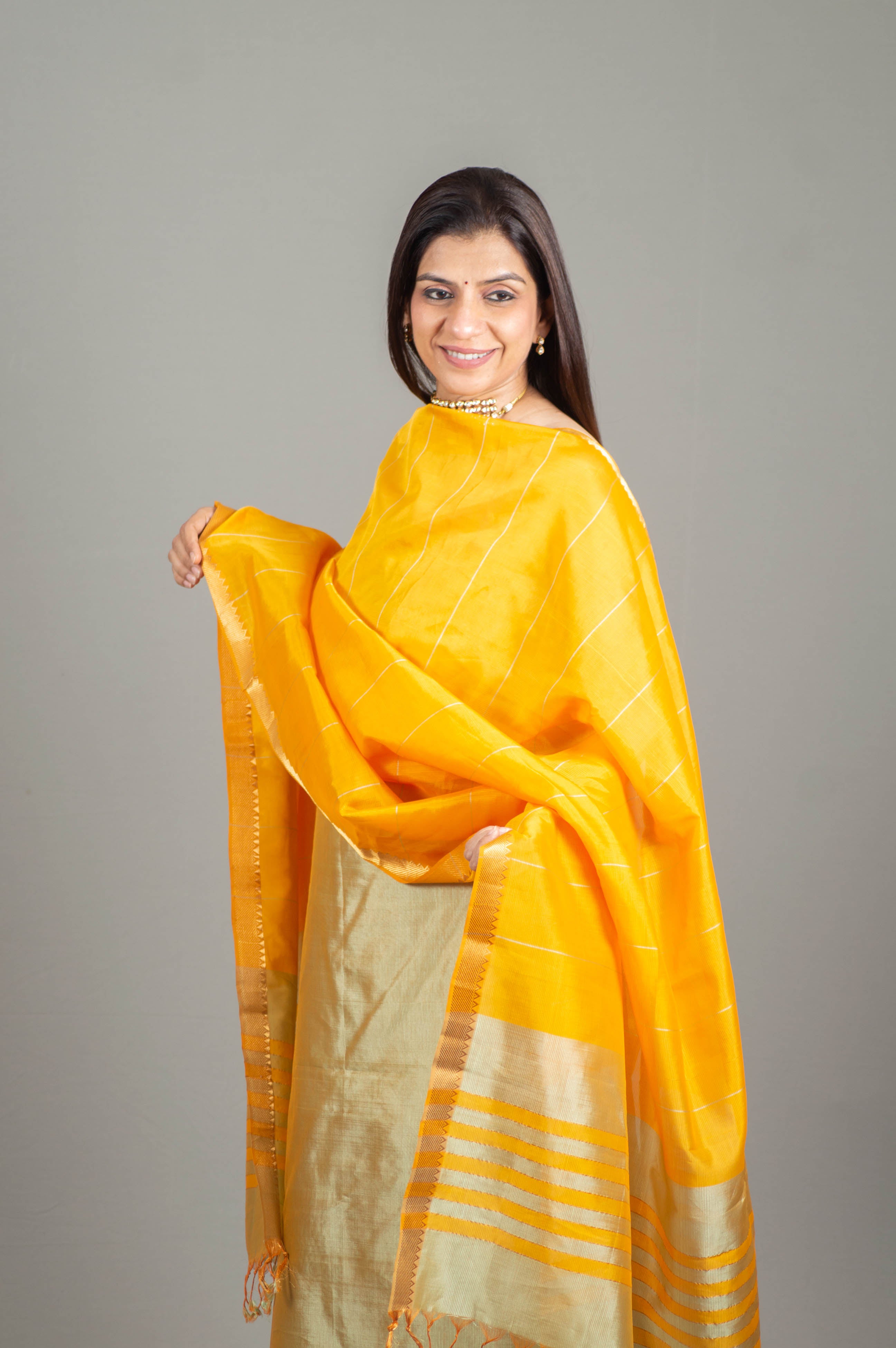 Ragini Pure Venkatagiri Silk Unstitched Suit Set in Greenish Golden with Gold Zari Border, Dupatta in Radiant Golden Yellow - Indian Handloomz