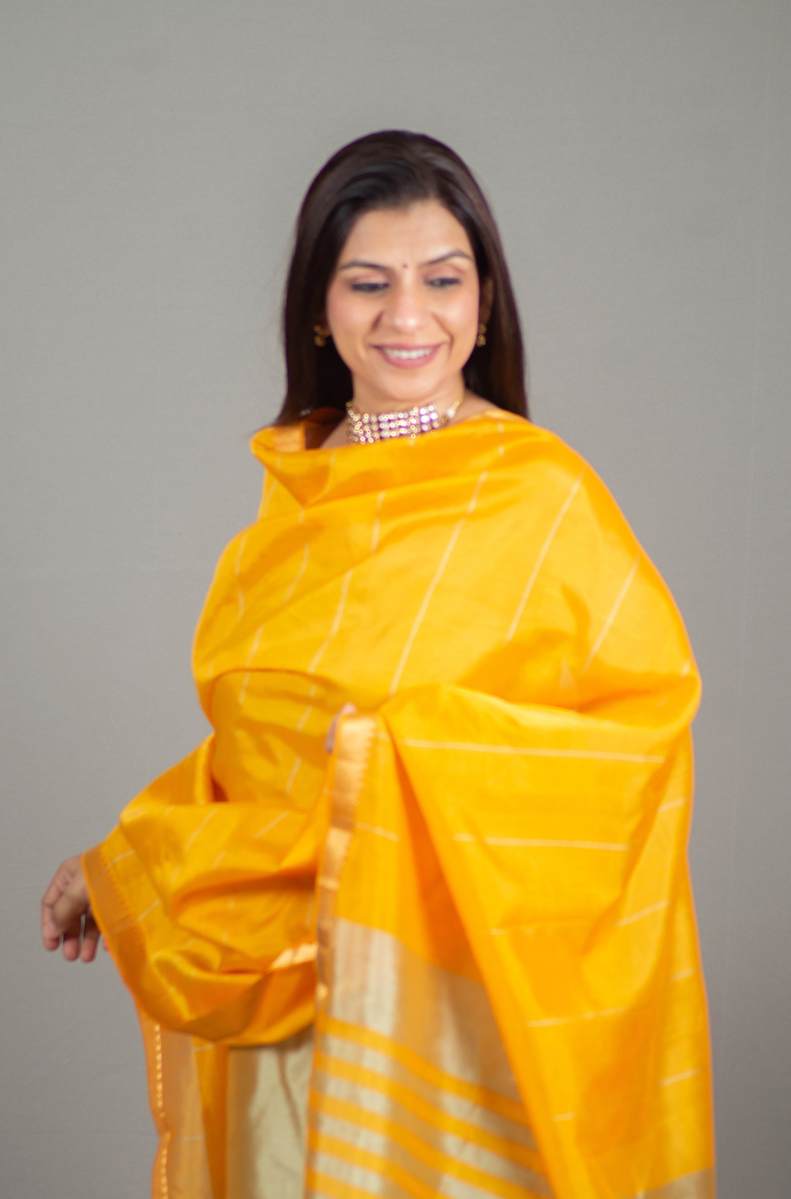 Ragini Pure Venkatagiri Silk Unstitched Suit Set in Greenish Golden with Gold Zari Border, Dupatta in Radiant Golden Yellow - Indian Handloomz