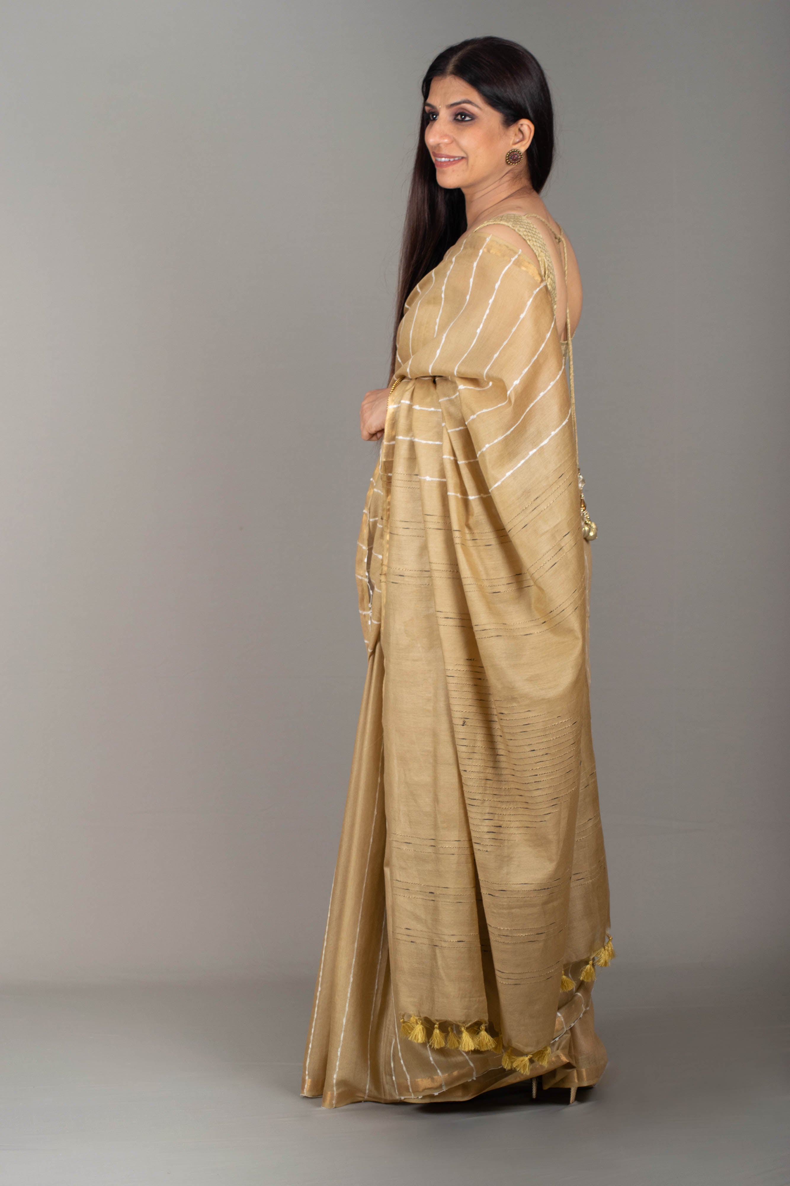 Nitya Banarasi Silk saree in Khaki, White & Gold - Indian Handloomz