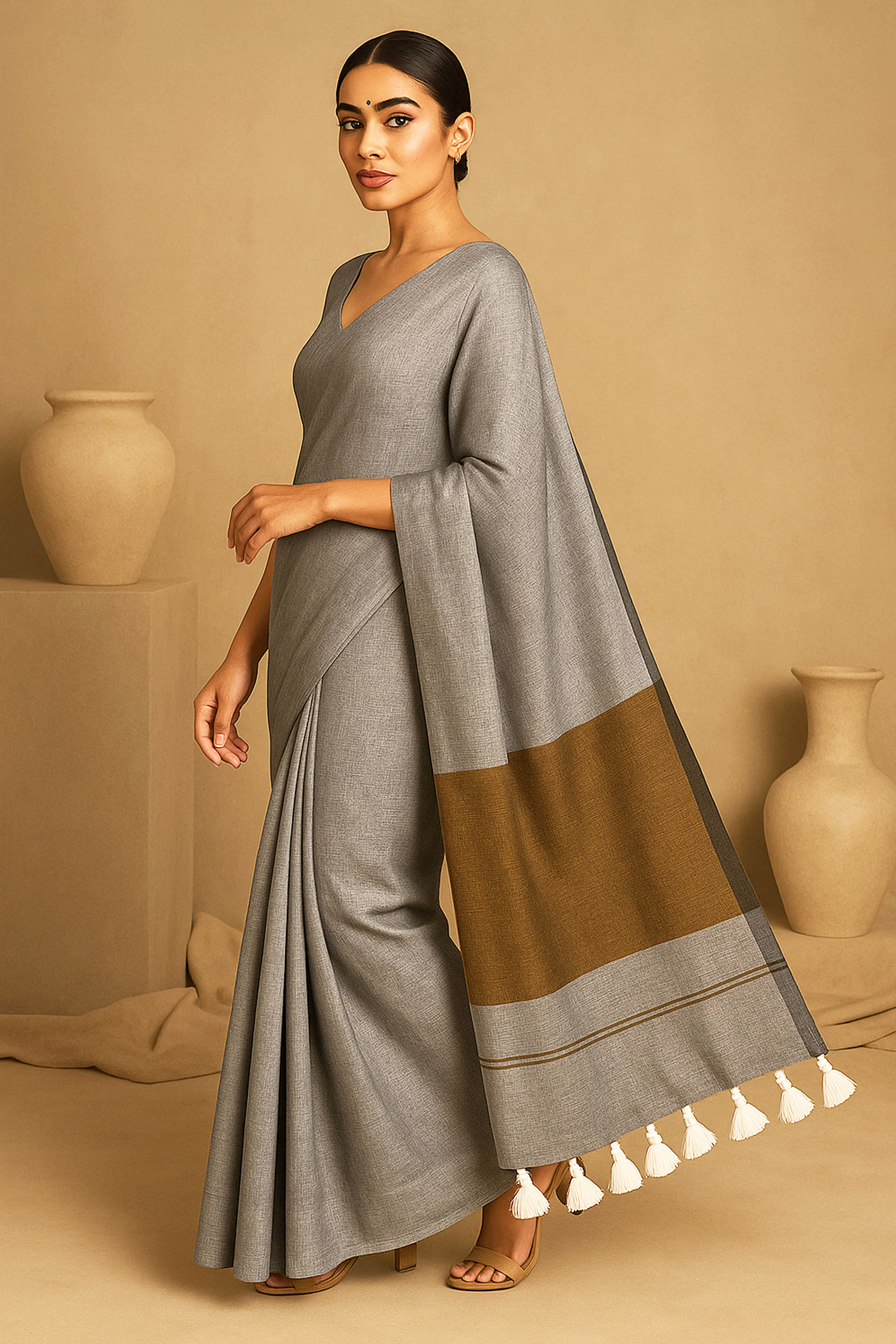 Cotton Saree in Grey with Matt Gold Pallu - Indian Handloomz