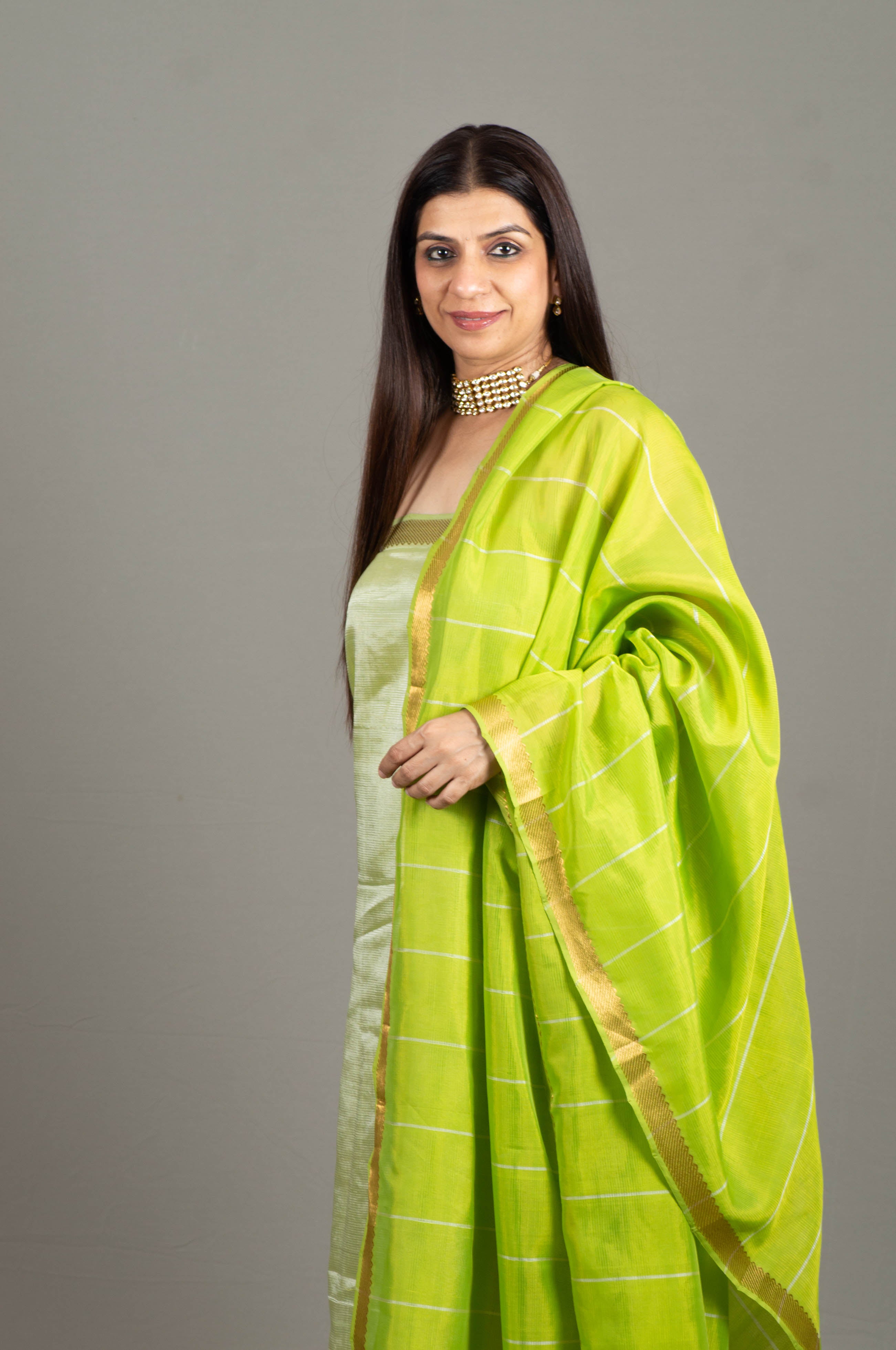 Jasmine Pure Venkatagiri Unstitched Suit Set in Pista Green Colour, Dupatta in Shades of Pista & Parrot Green - Indian Handloomz