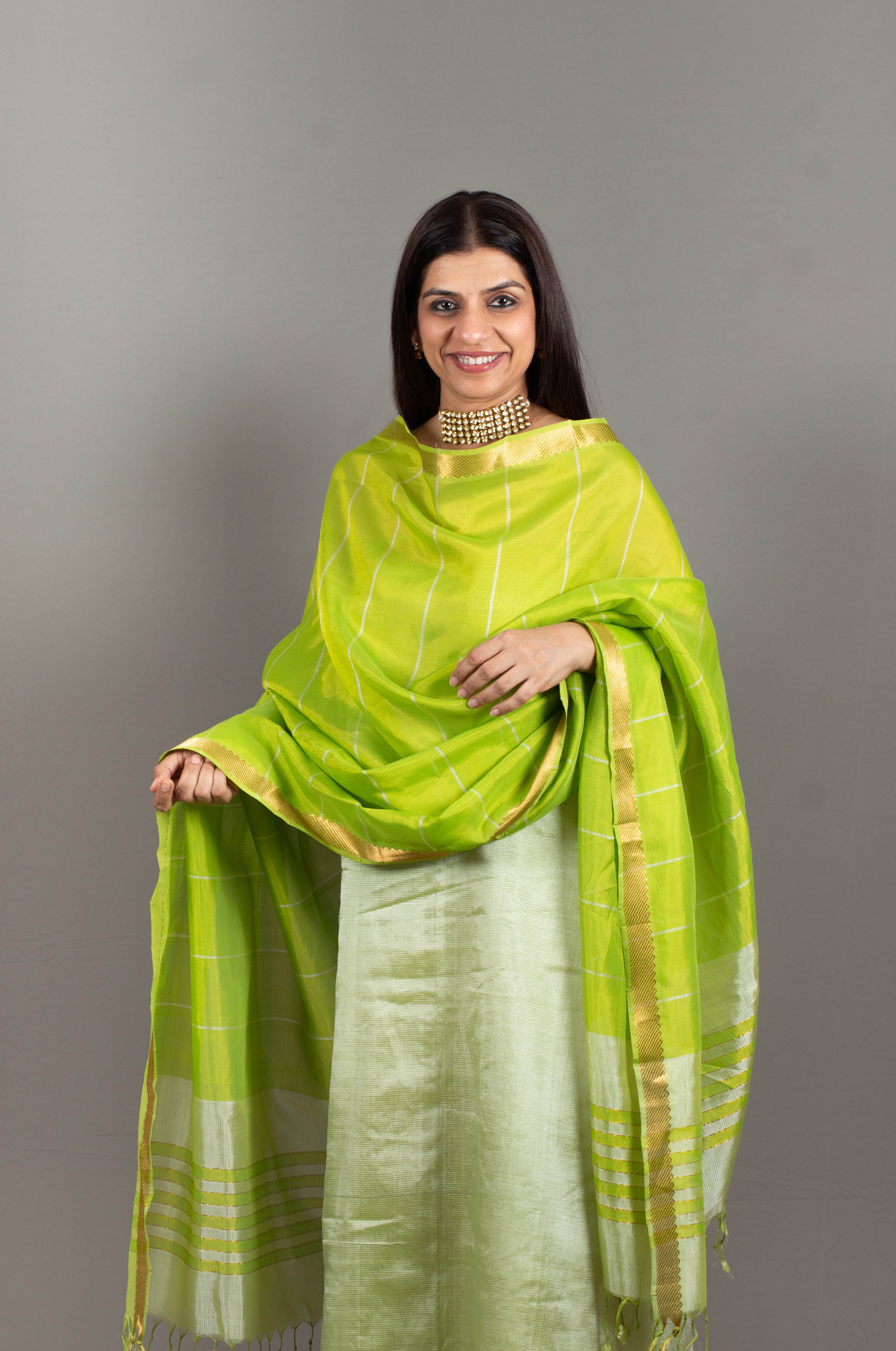 Jasmine Pure Venkatagiri Unstitched Suit Set in Pista Green Colour, Dupatta in Shades of Pista & Parrot Green - Indian Handloomz