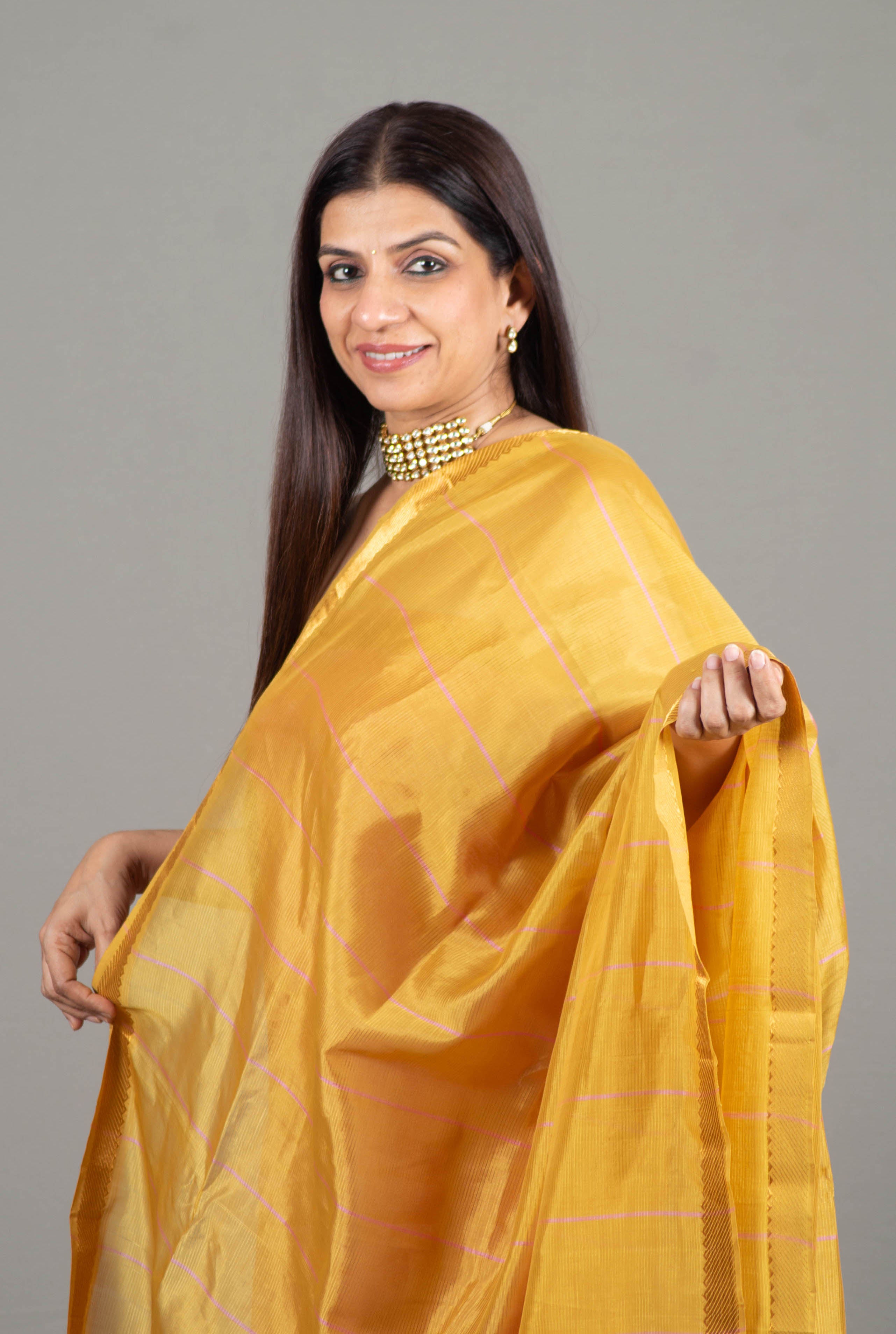 Niharika Pure Venkatagiri Silk Unstitched Suit Set in Onion Pink with Gold Zari Border, Dupatta in Radiant Golden - Indian Handloomz