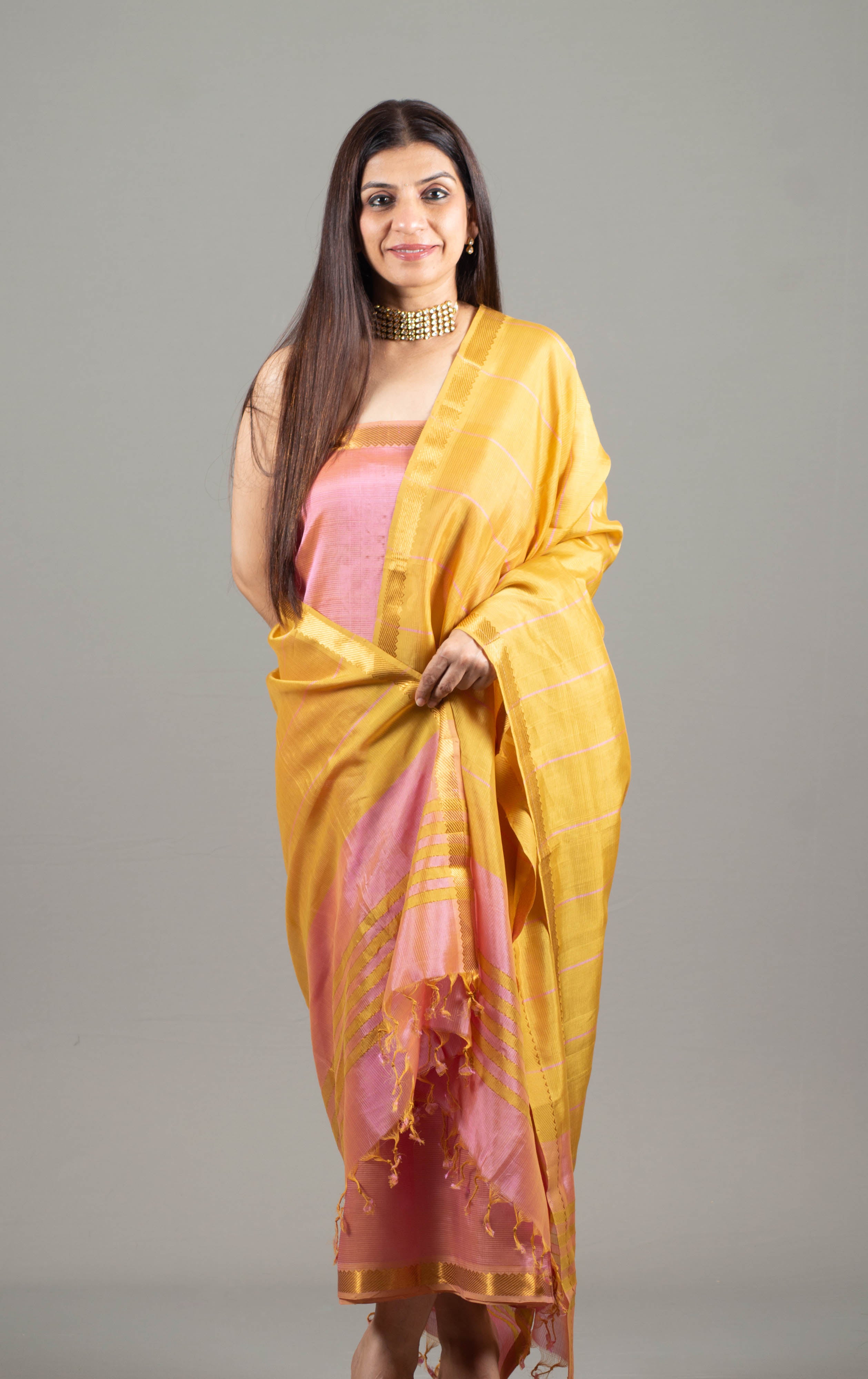 Niharika Pure Venkatagiri Silk Unstitched Suit Set in Onion Pink with Gold Zari Border, Dupatta in Radiant Golden - Indian Handloomz