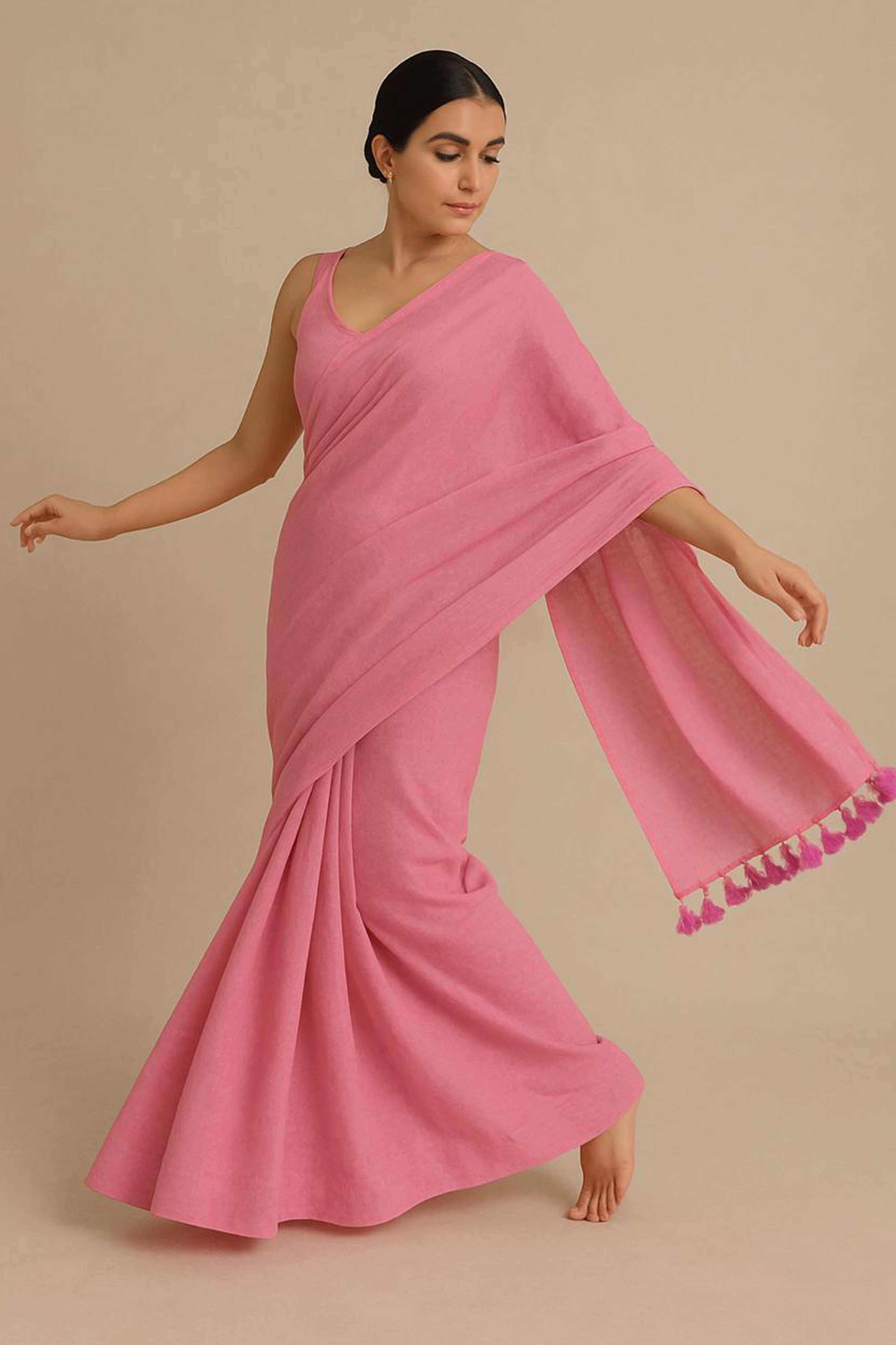 Pure Cotton Pink Saree with Tassels & Blouse Piece