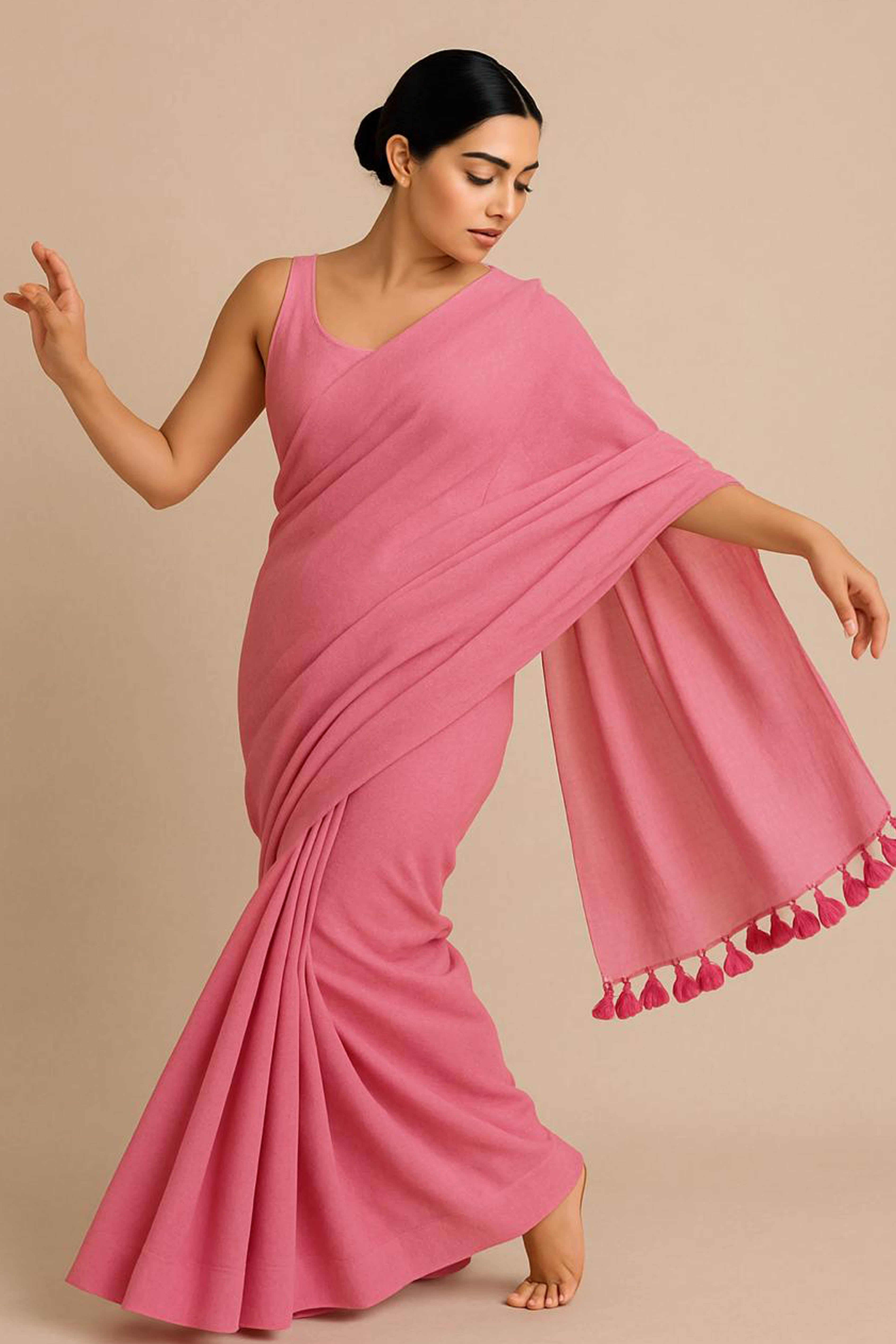 Pure Cotton Pink Saree with Tassels & Blouse Piece