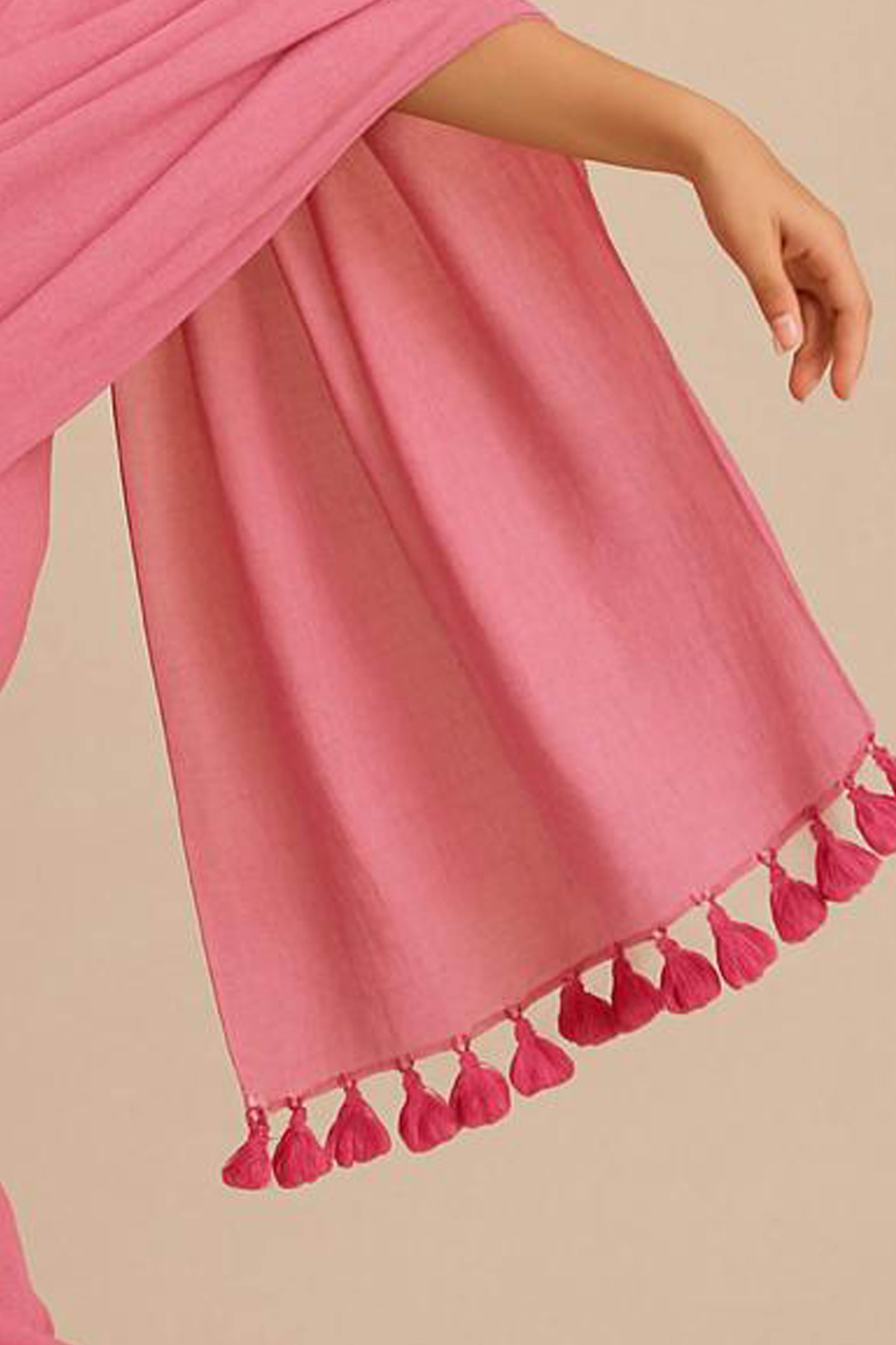 Pure Cotton Pink Saree with Tassels & Blouse Piece