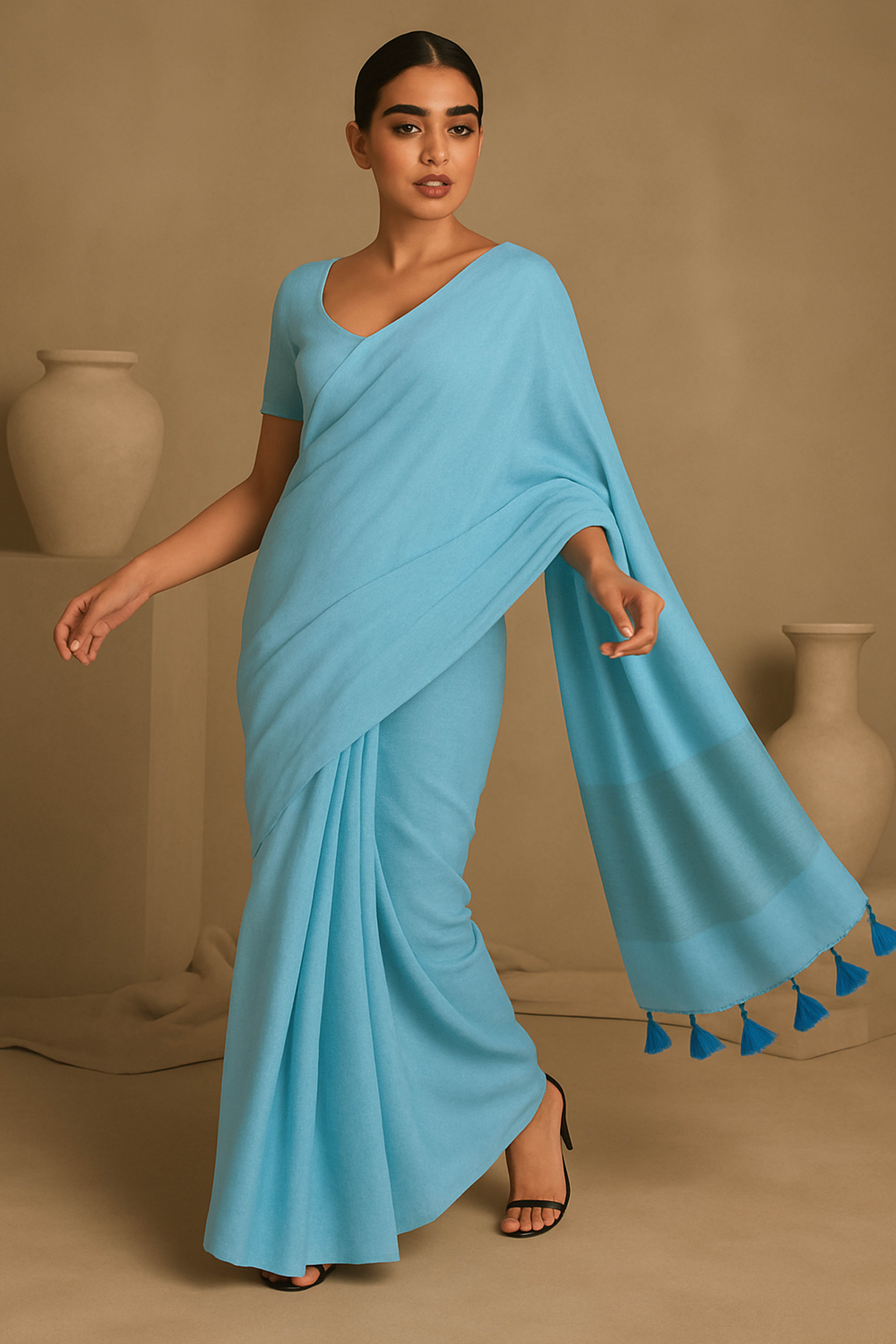 Pure Cotton Sky Blue Saree with Tassels & Blouse Piece