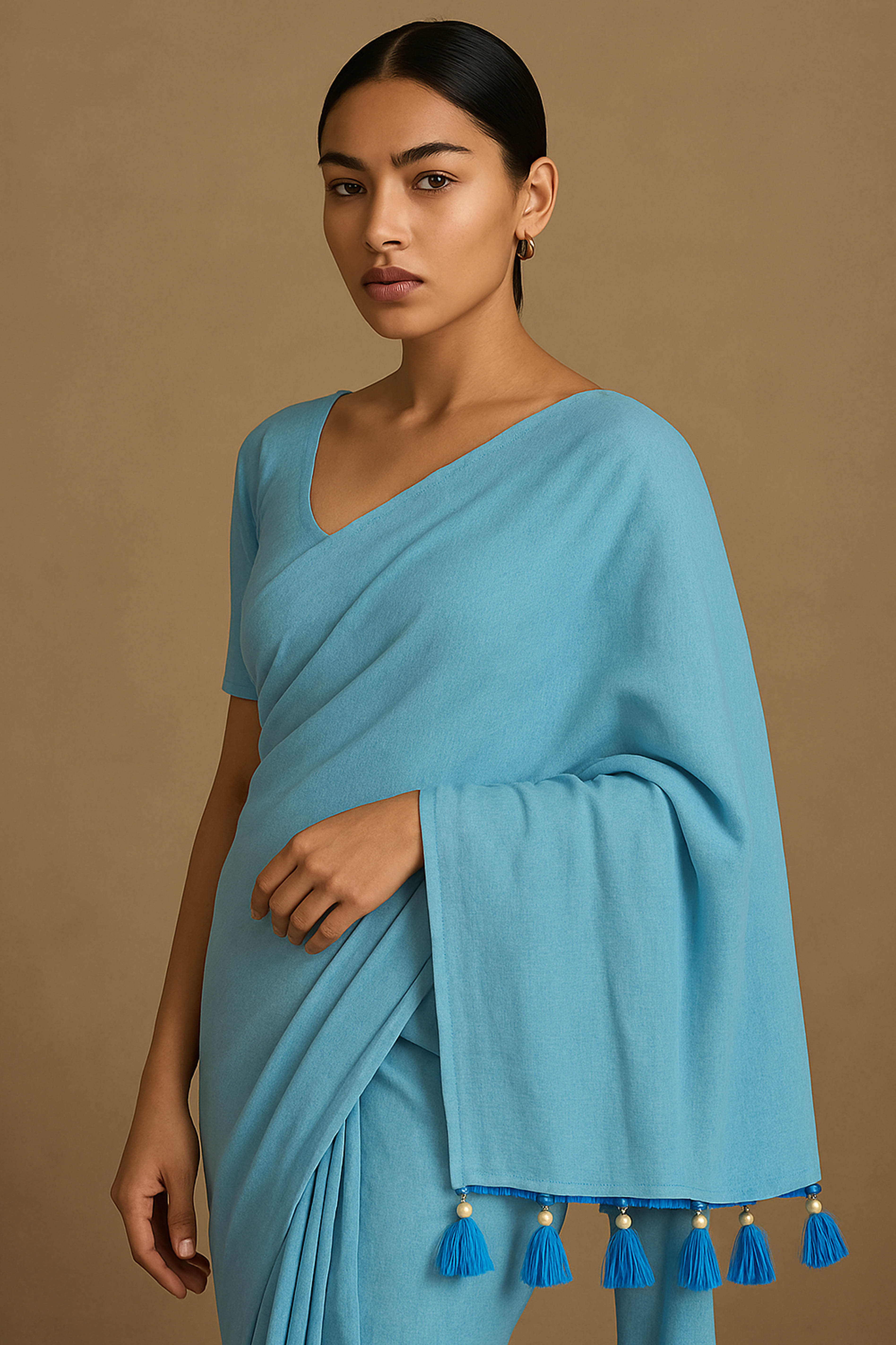 Pure Cotton Sky Blue Saree with Tassels & Blouse Piece