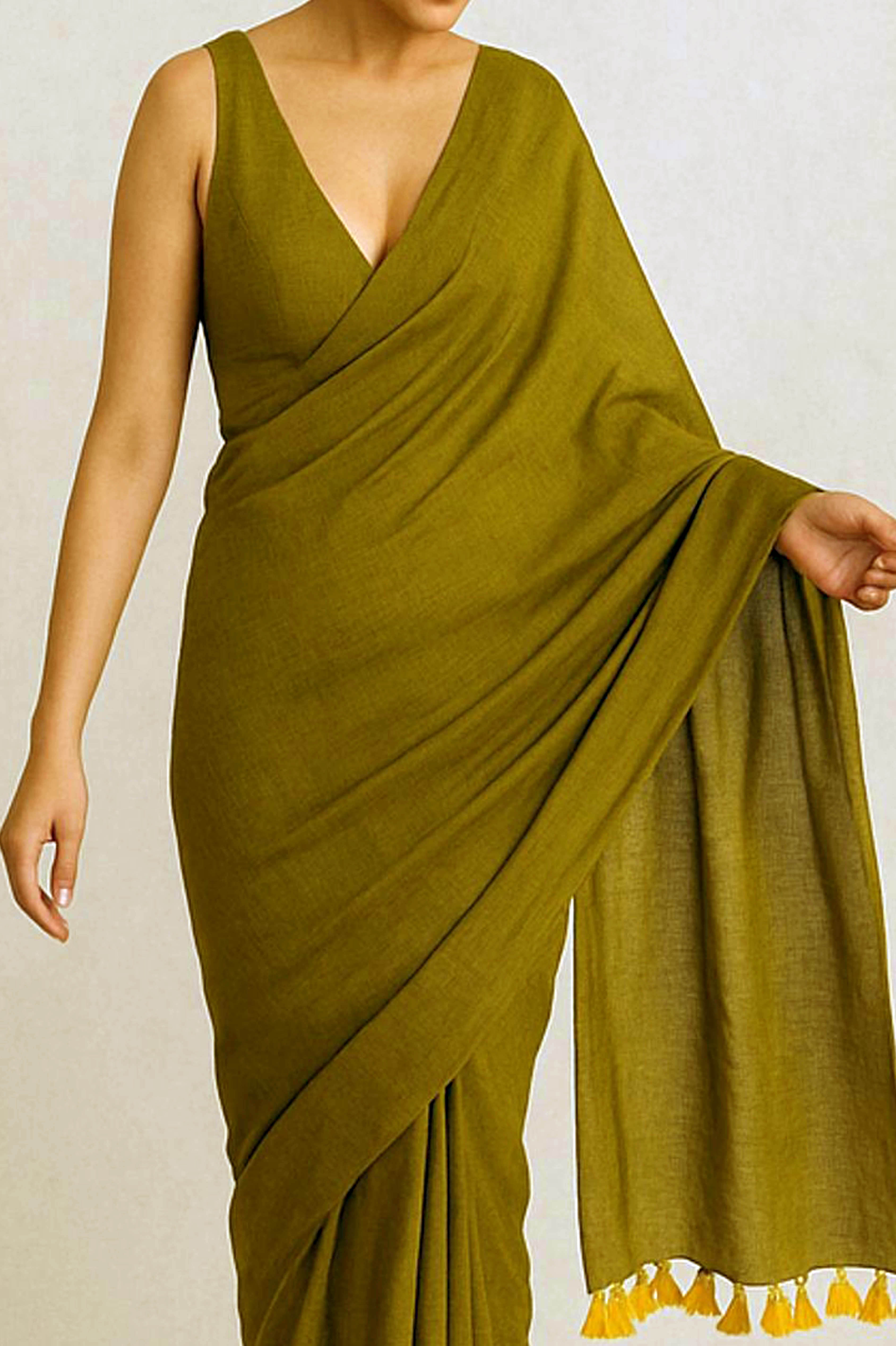 Pure Cotton Olive Green Saree with Yellow Tassels & Blouse Piece - Indian Handloomz