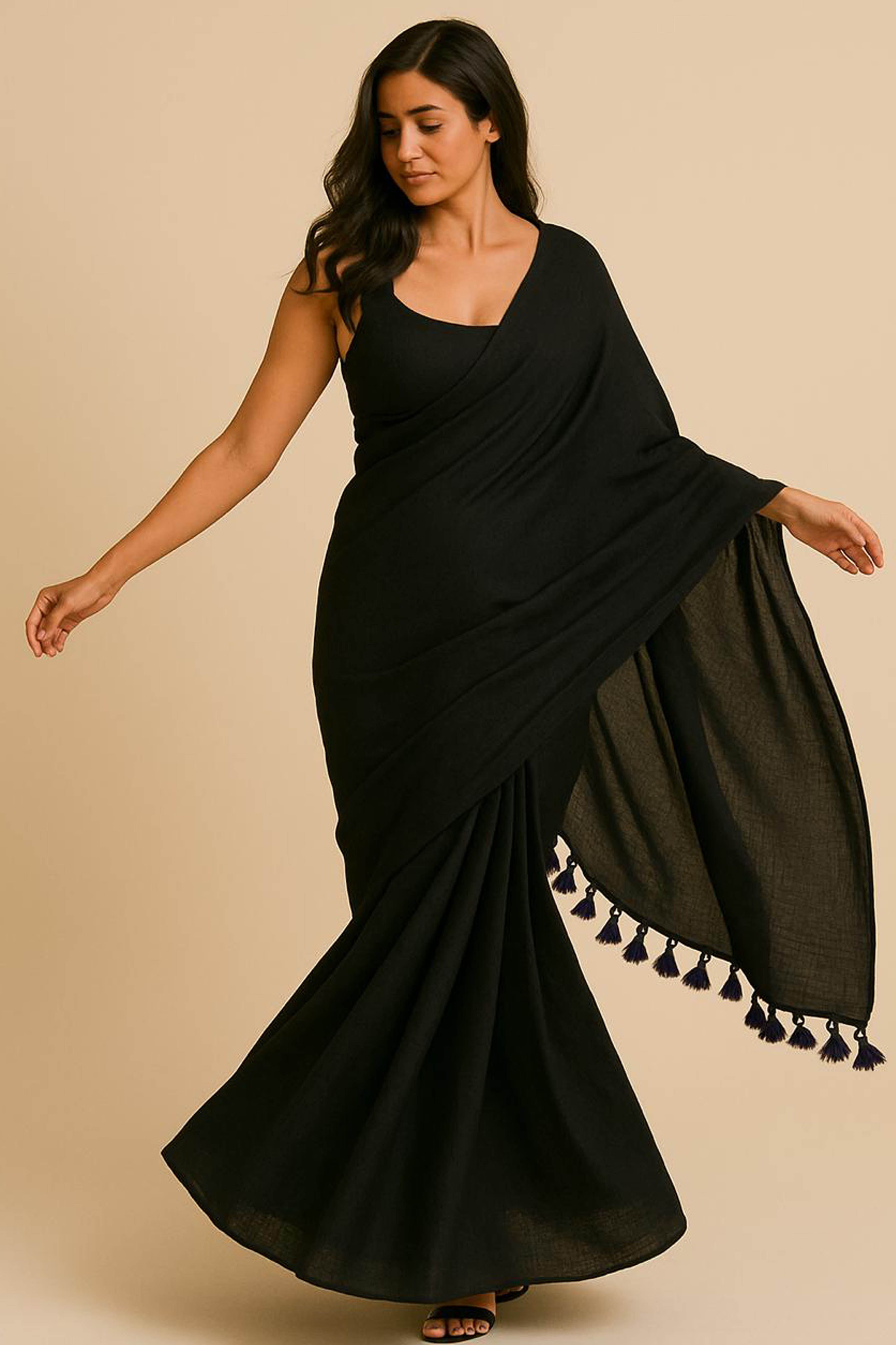 Pure Cotton Black Saree with Tassels & Blouse Piece