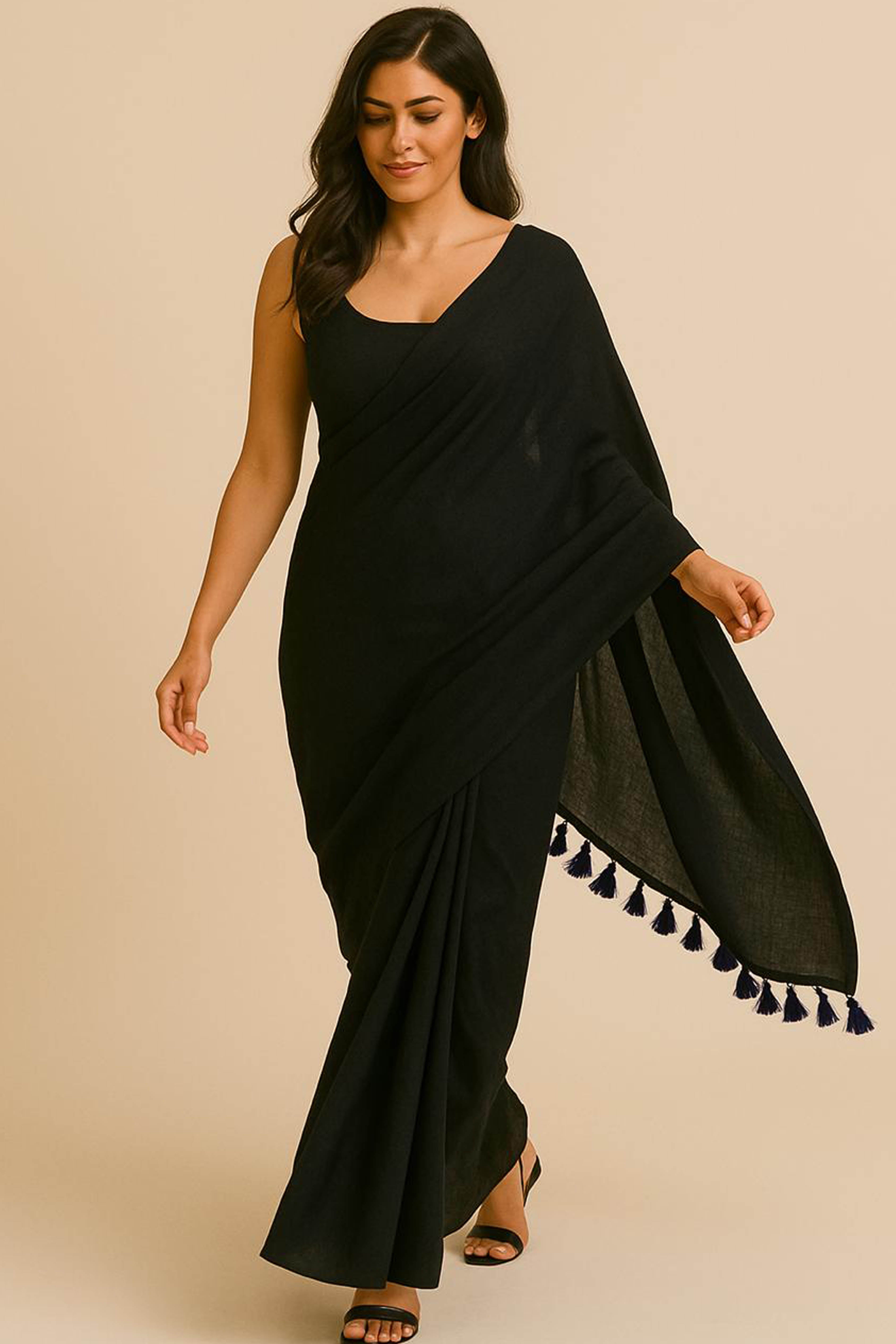 Pure Cotton Black Saree with Tassels & Blouse Piece