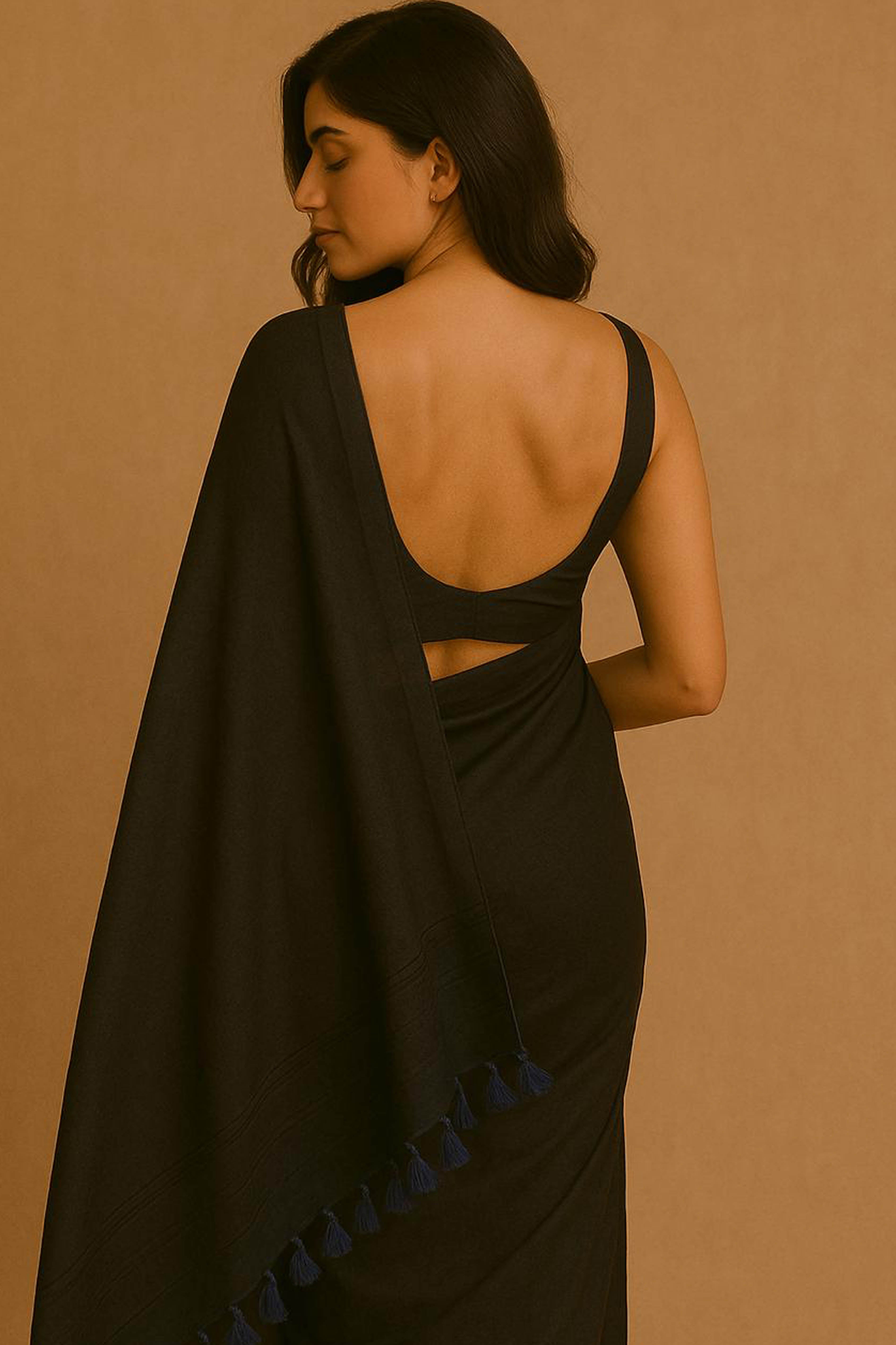 Pure Cotton Black Saree with Tassels & Blouse Piece