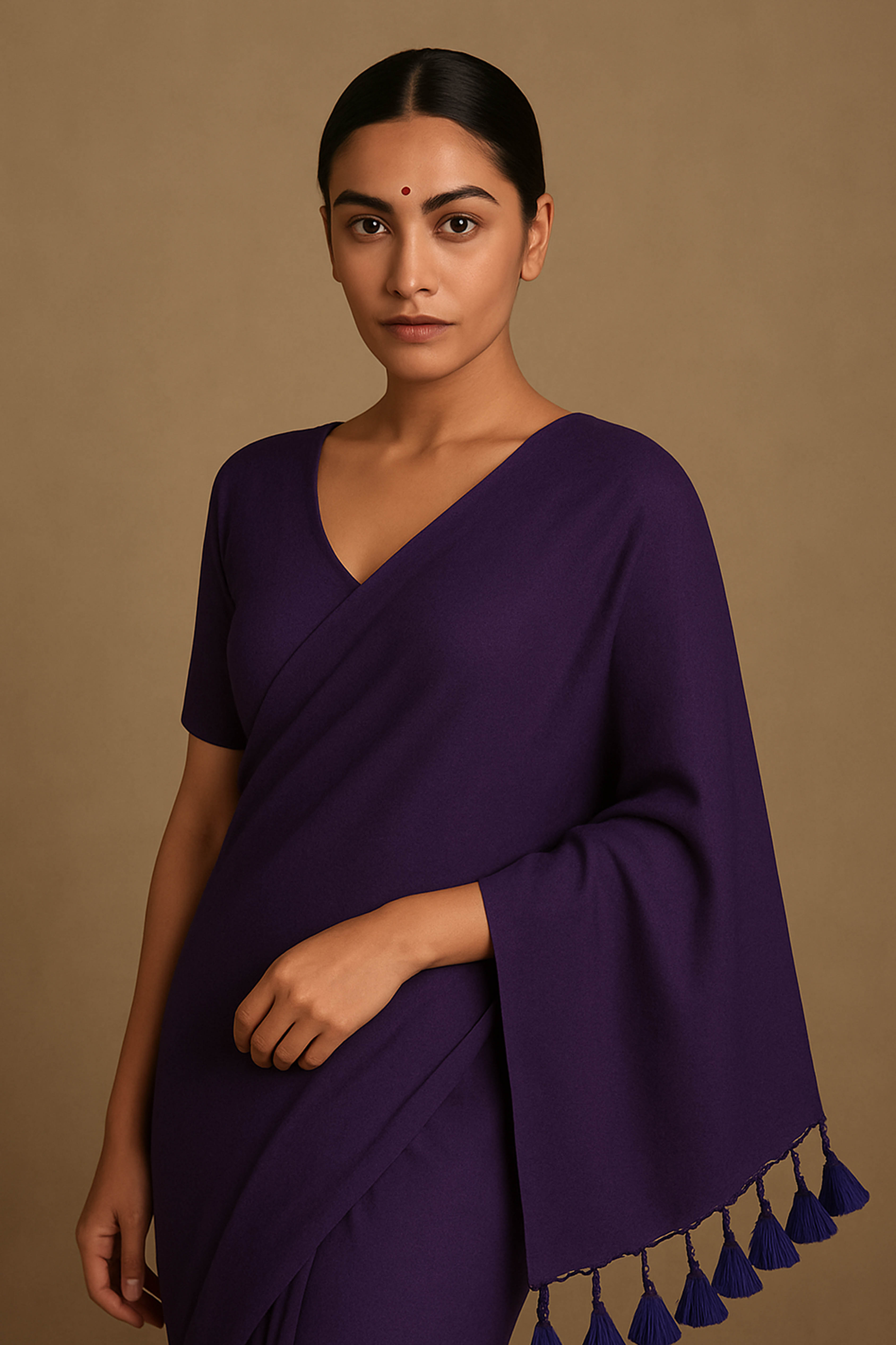 Pure Cotton Dark Violet Saree with Blue Tassels & Blouse Piece