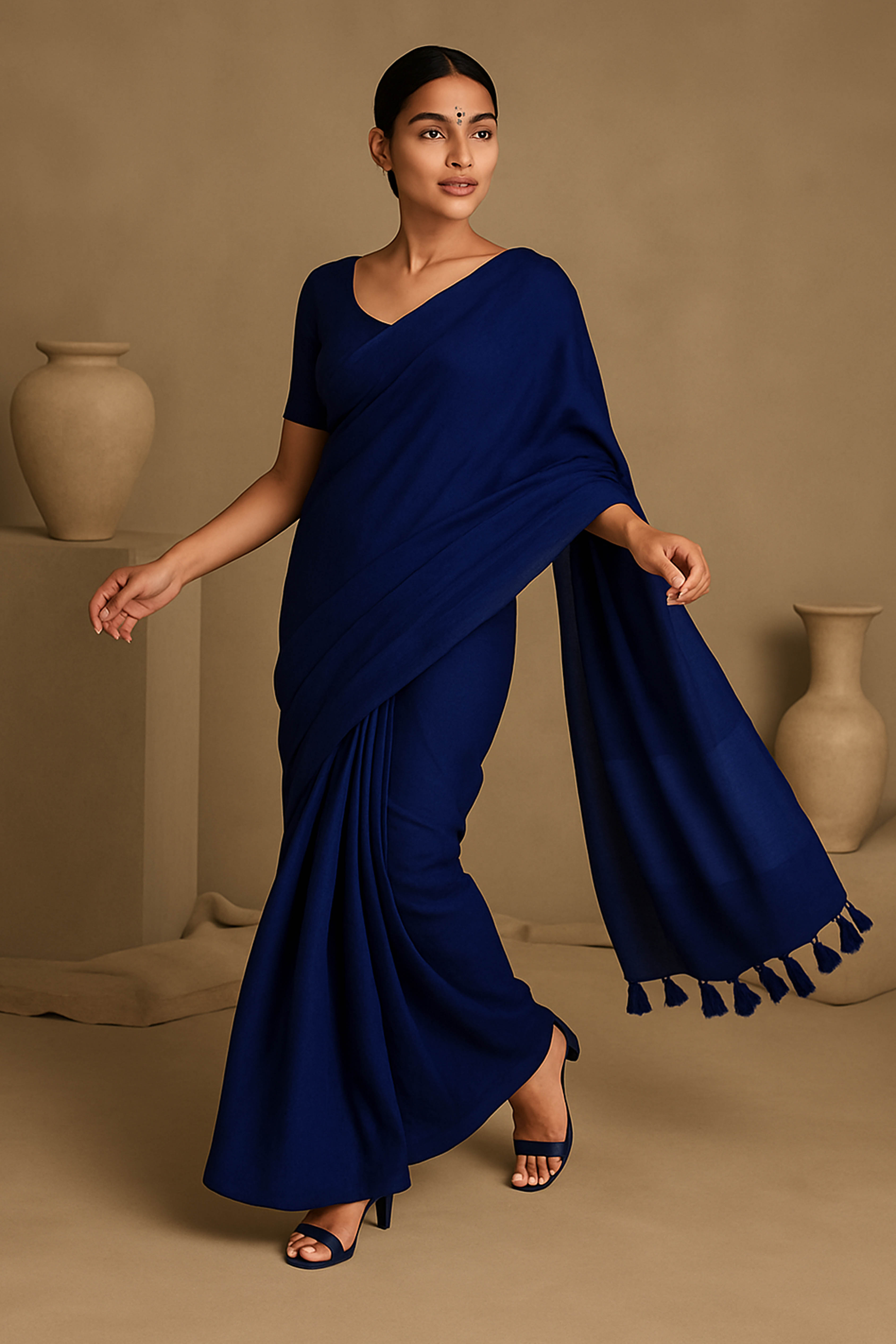 Pure Cotton Navy Blue Saree with Tassels & Blouse Piece