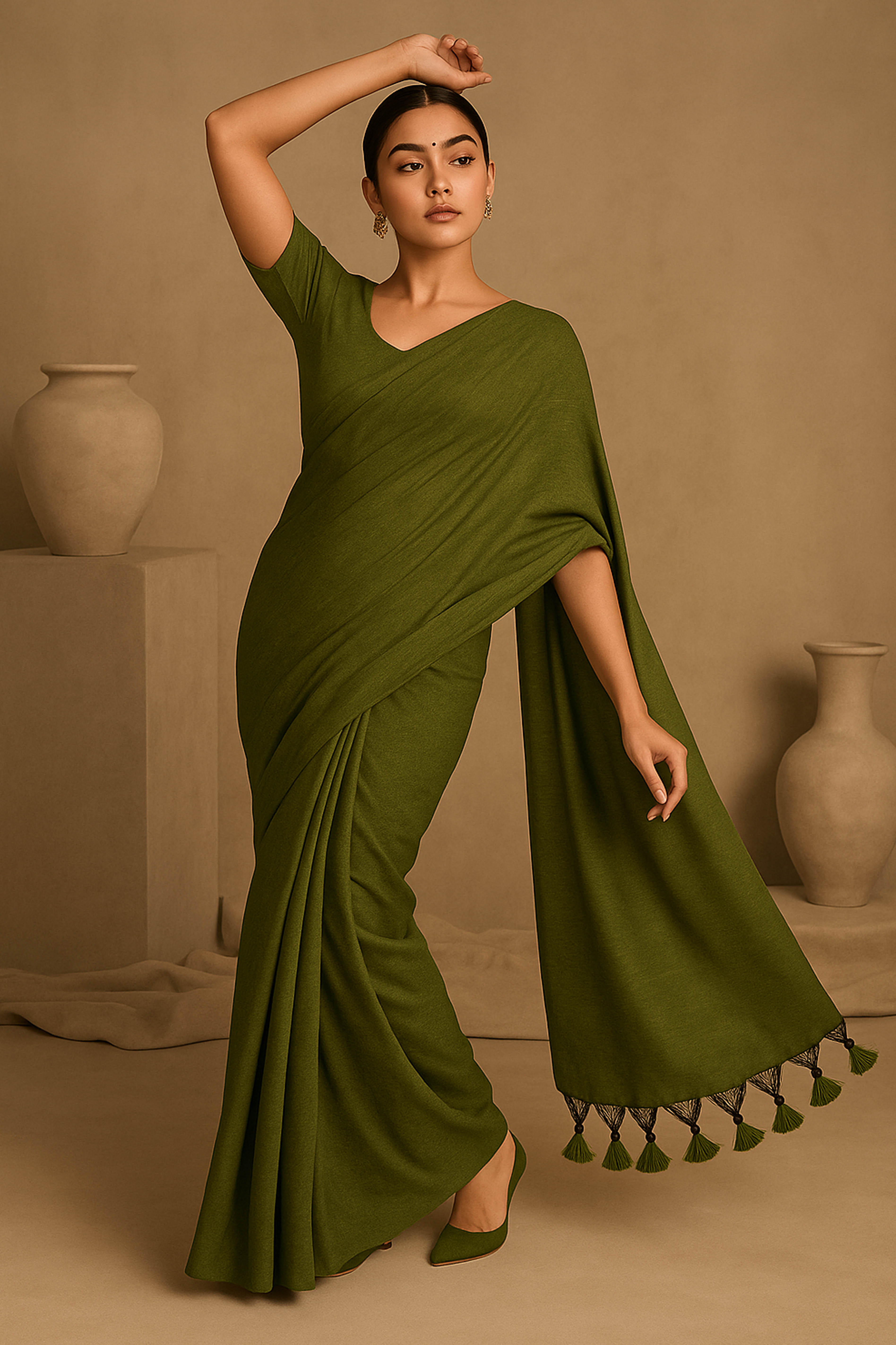 Pure Cotton Dark Green Saree with Tassels & Blouse Piece