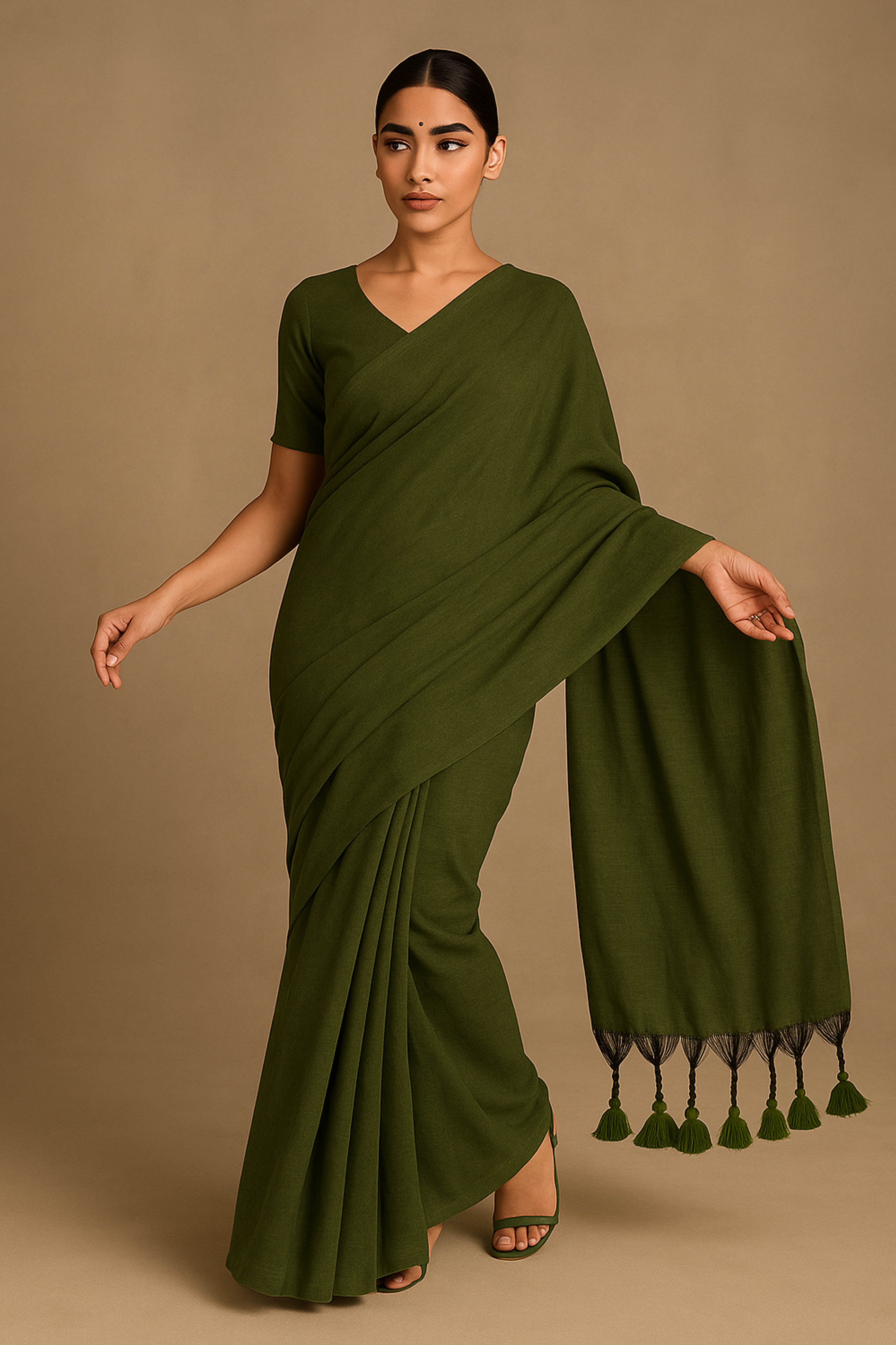 Pure Cotton Dark Green Saree with Tassels & Blouse Piece
