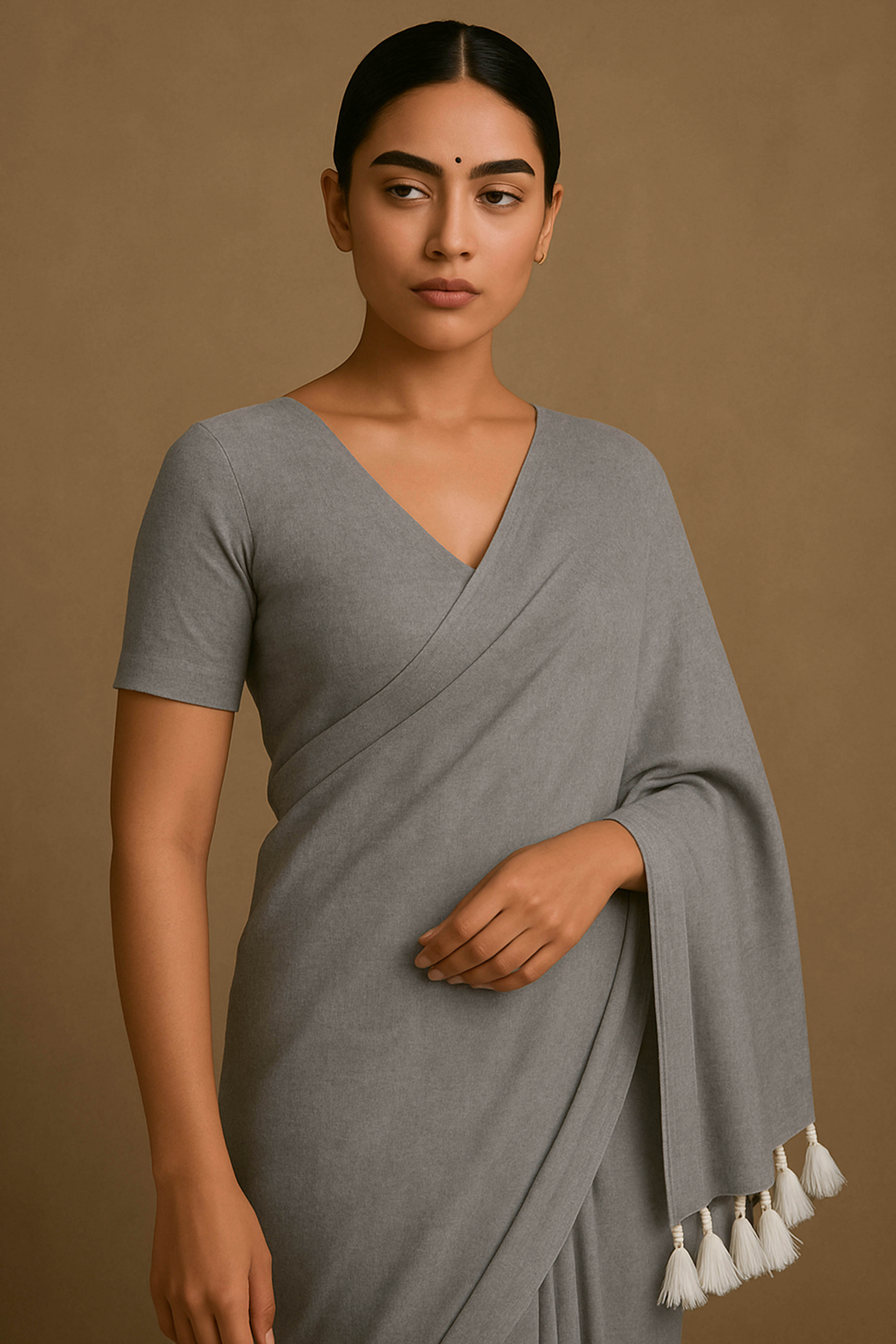 Pure Cotton Grey Saree with White Tassels & Blouse Piece - Indian Handloomz