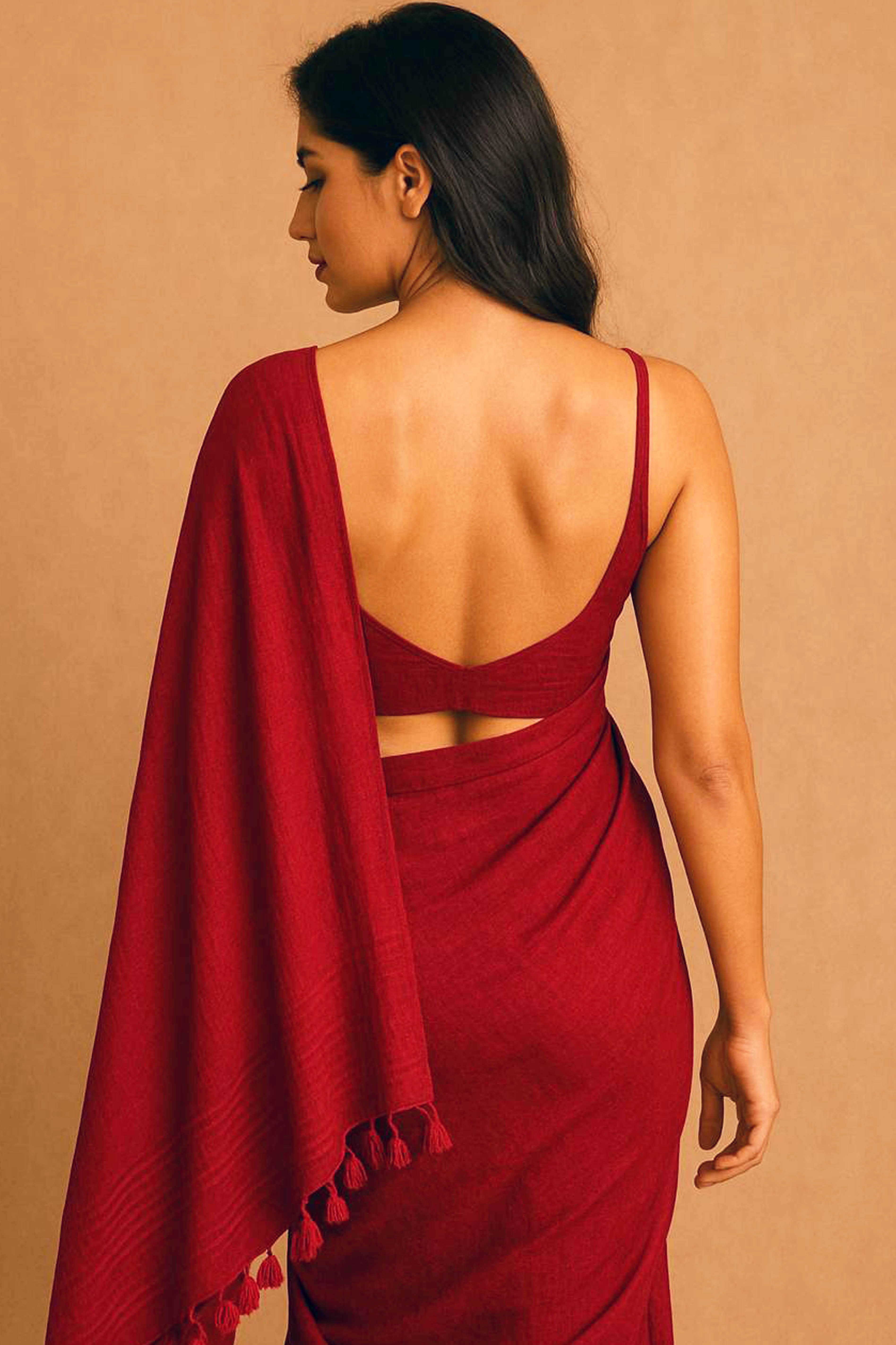 Pure Cotton Red Saree with Tassels & Blouse Piece - Indian Handloomz