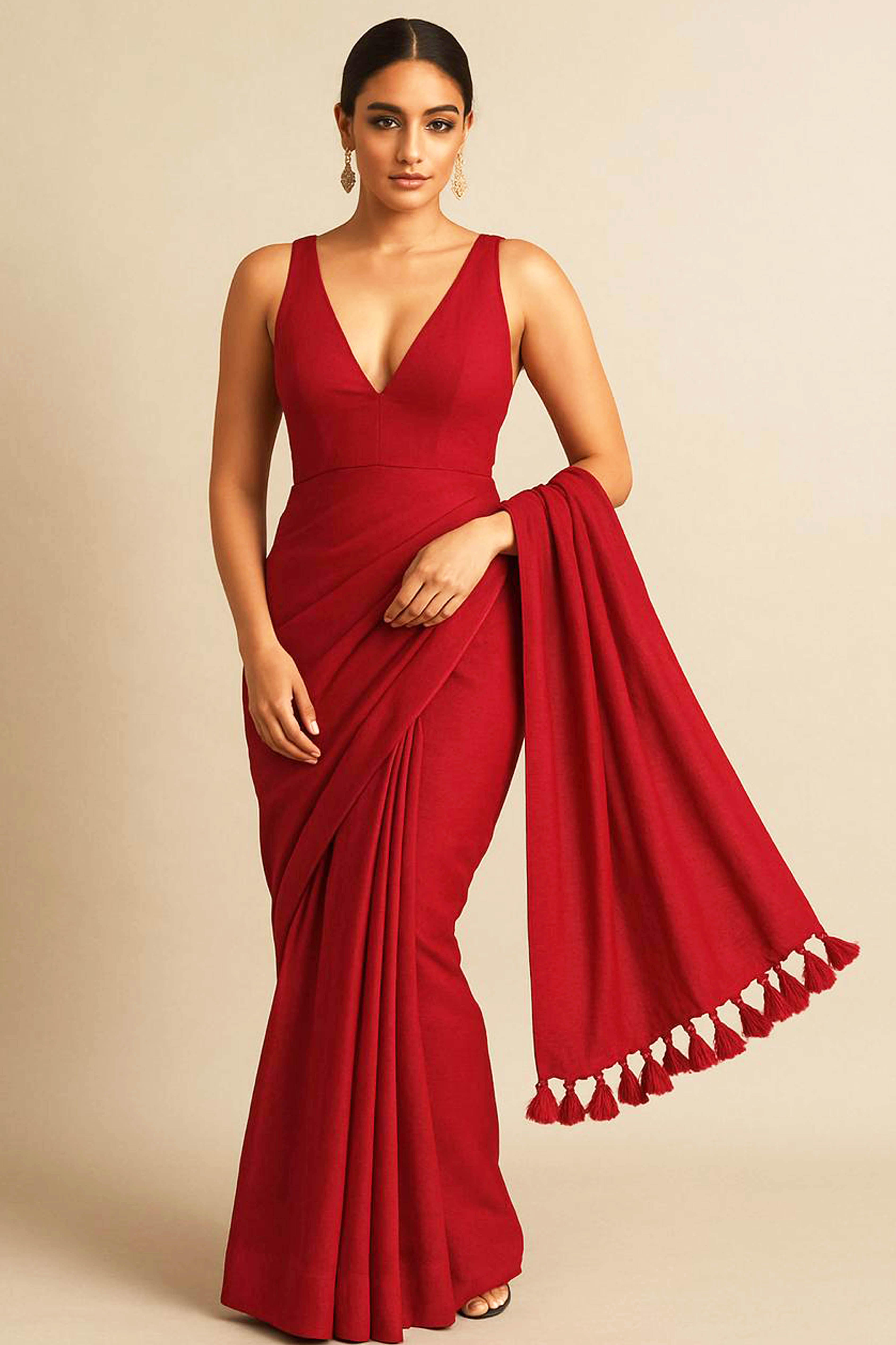Pure Cotton Red Saree with Tassels & Blouse Piece - Indian Handloomz