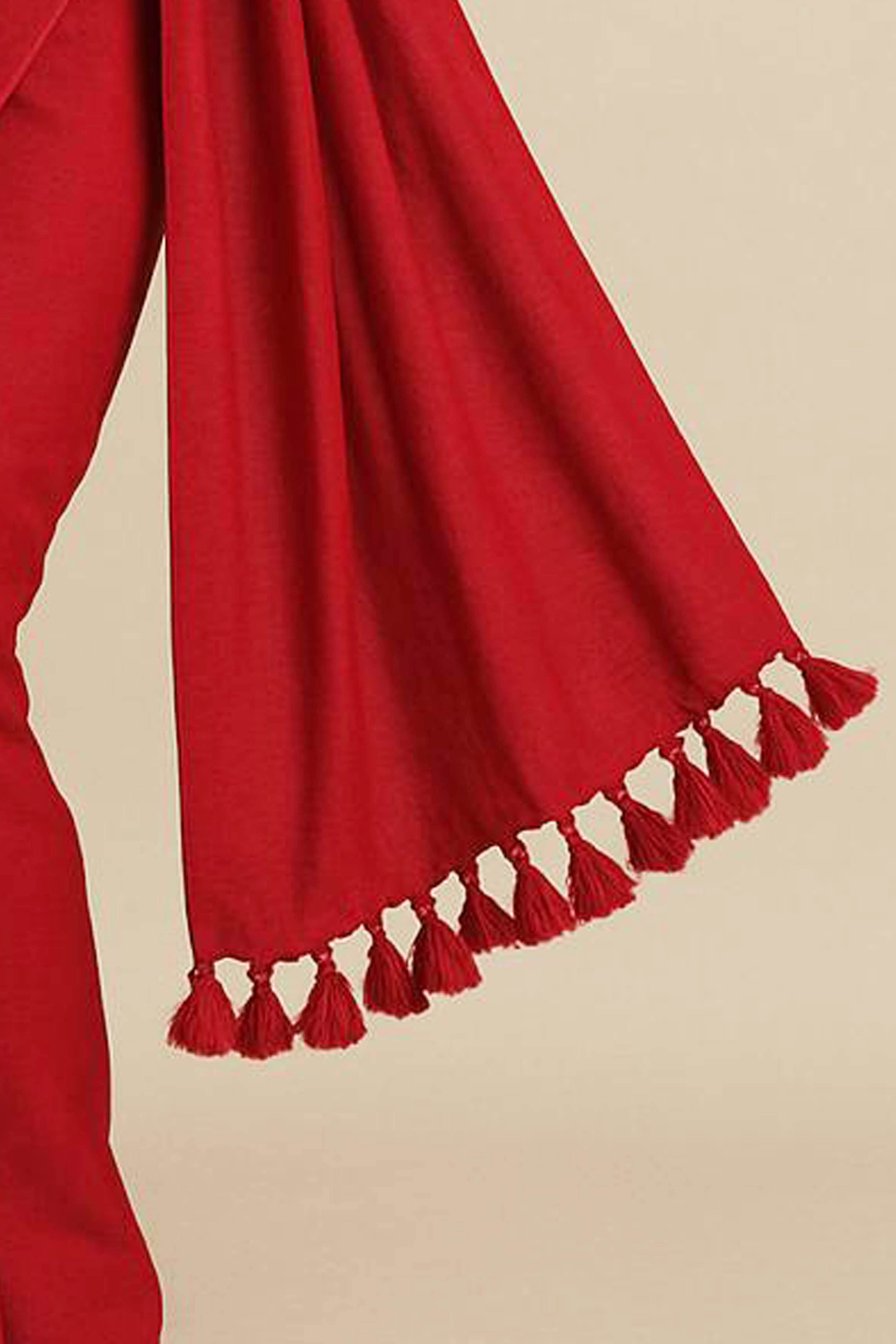 Pure Cotton Red Saree with Tassels & Blouse Piece - Indian Handloomz