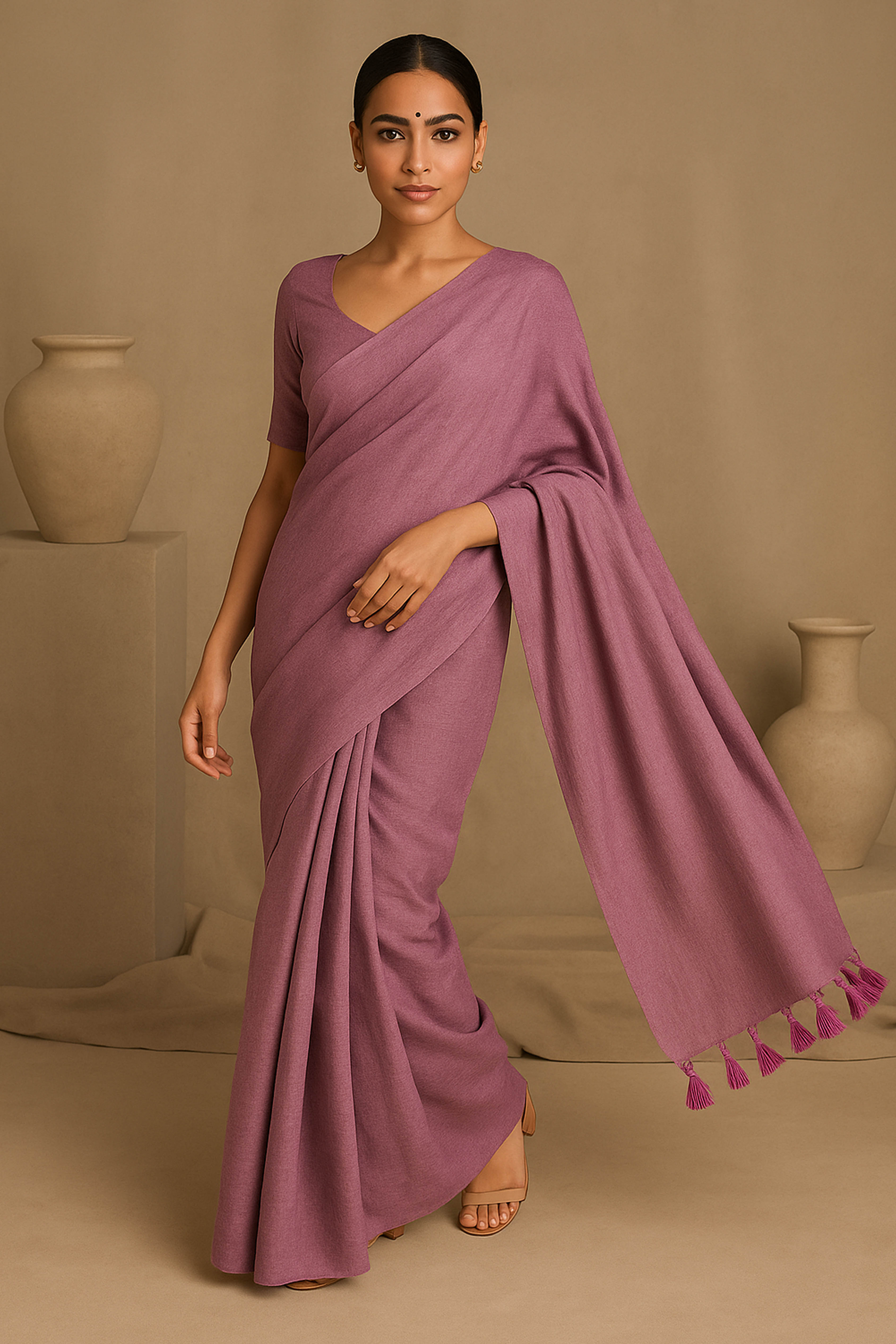 Pure Cotton Rose Pink Saree with Tassels & Blouse Piece