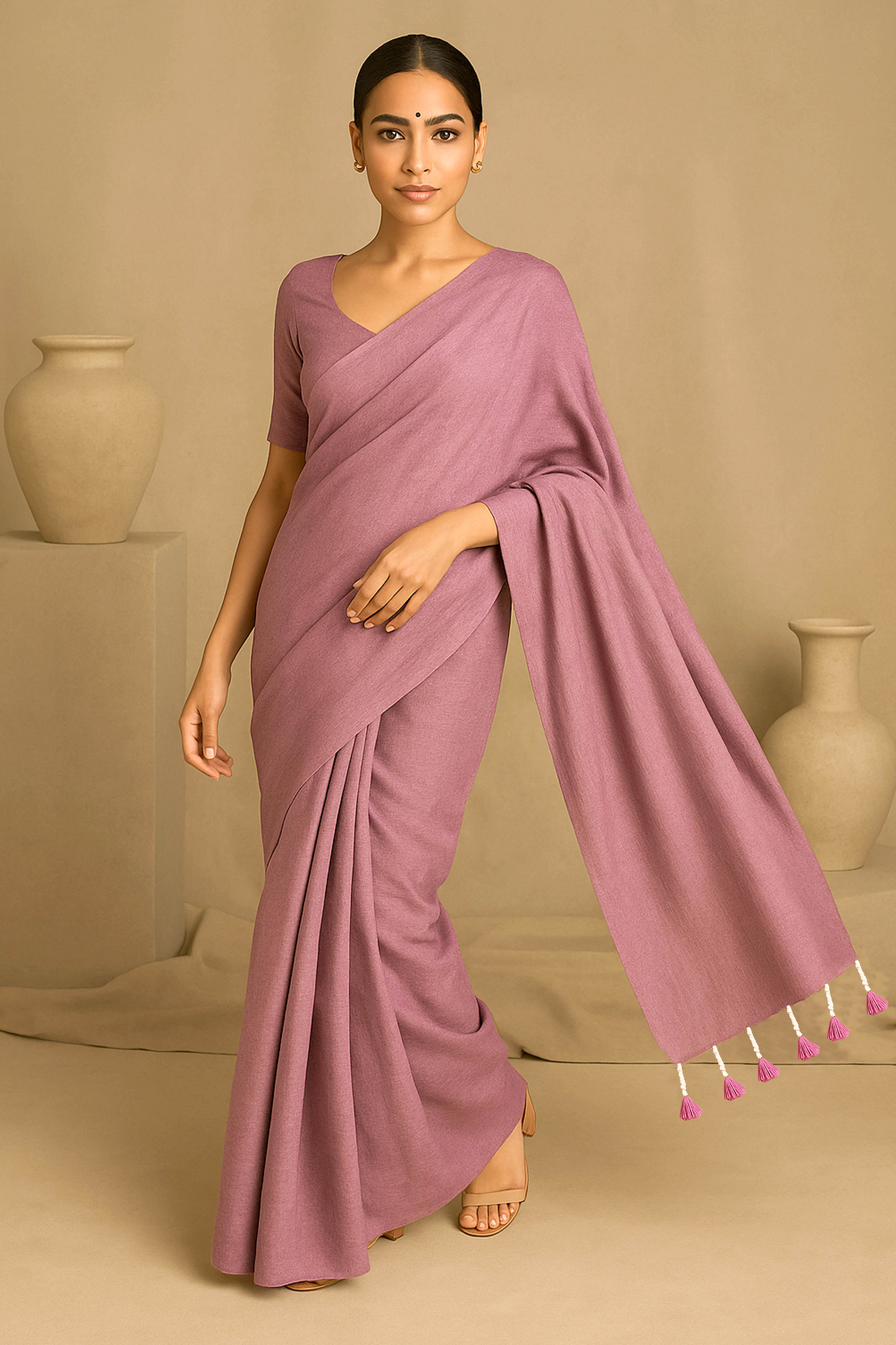 Pure Cotton Rose Pink Saree with Tassels & Blouse Piece - Indian Handloomz