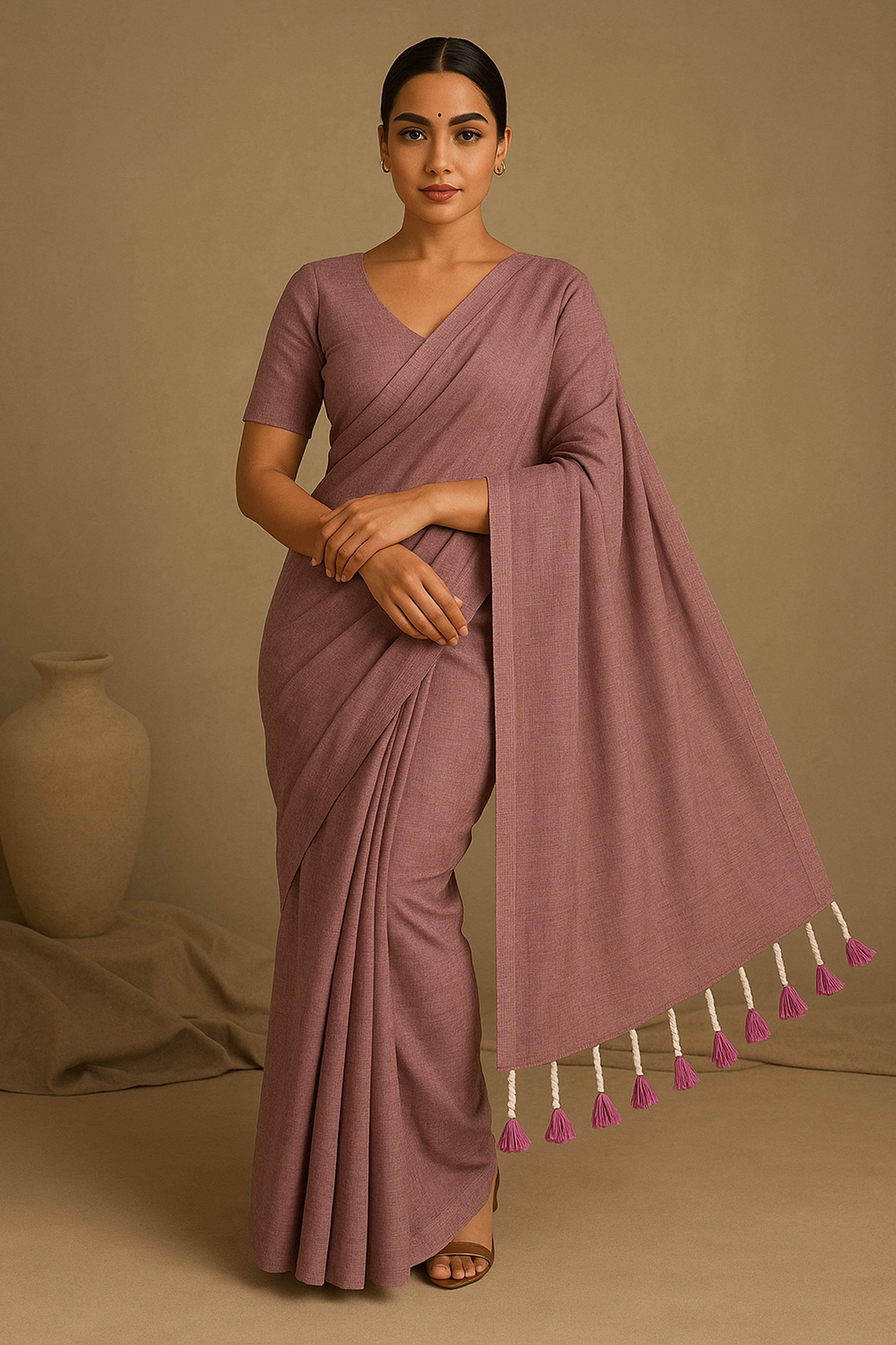 Pure Cotton Rose Pink Saree with Tassels & Blouse Piece