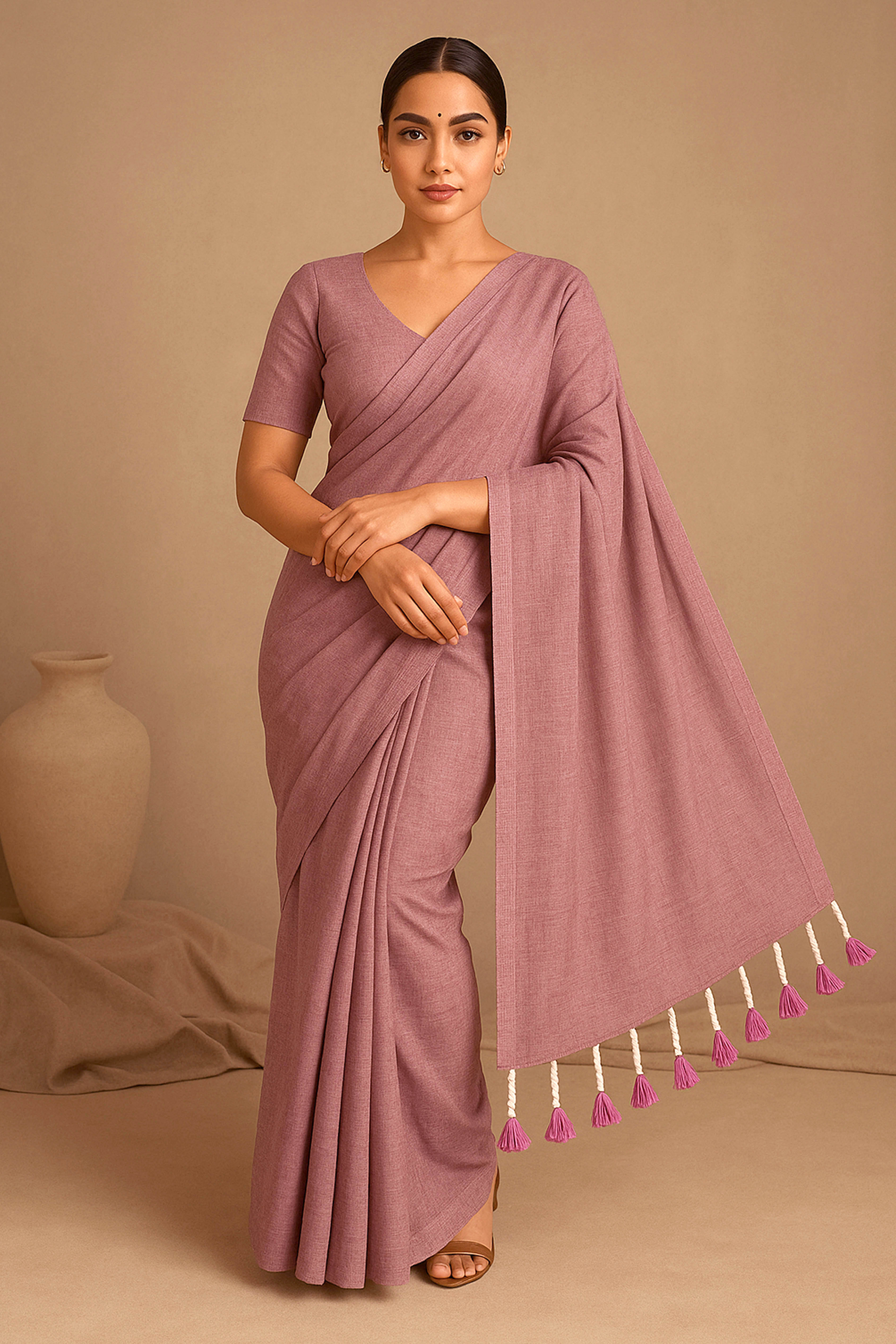 Pure Cotton Rose Pink Saree with Tassels & Blouse Piece - Indian Handloomz