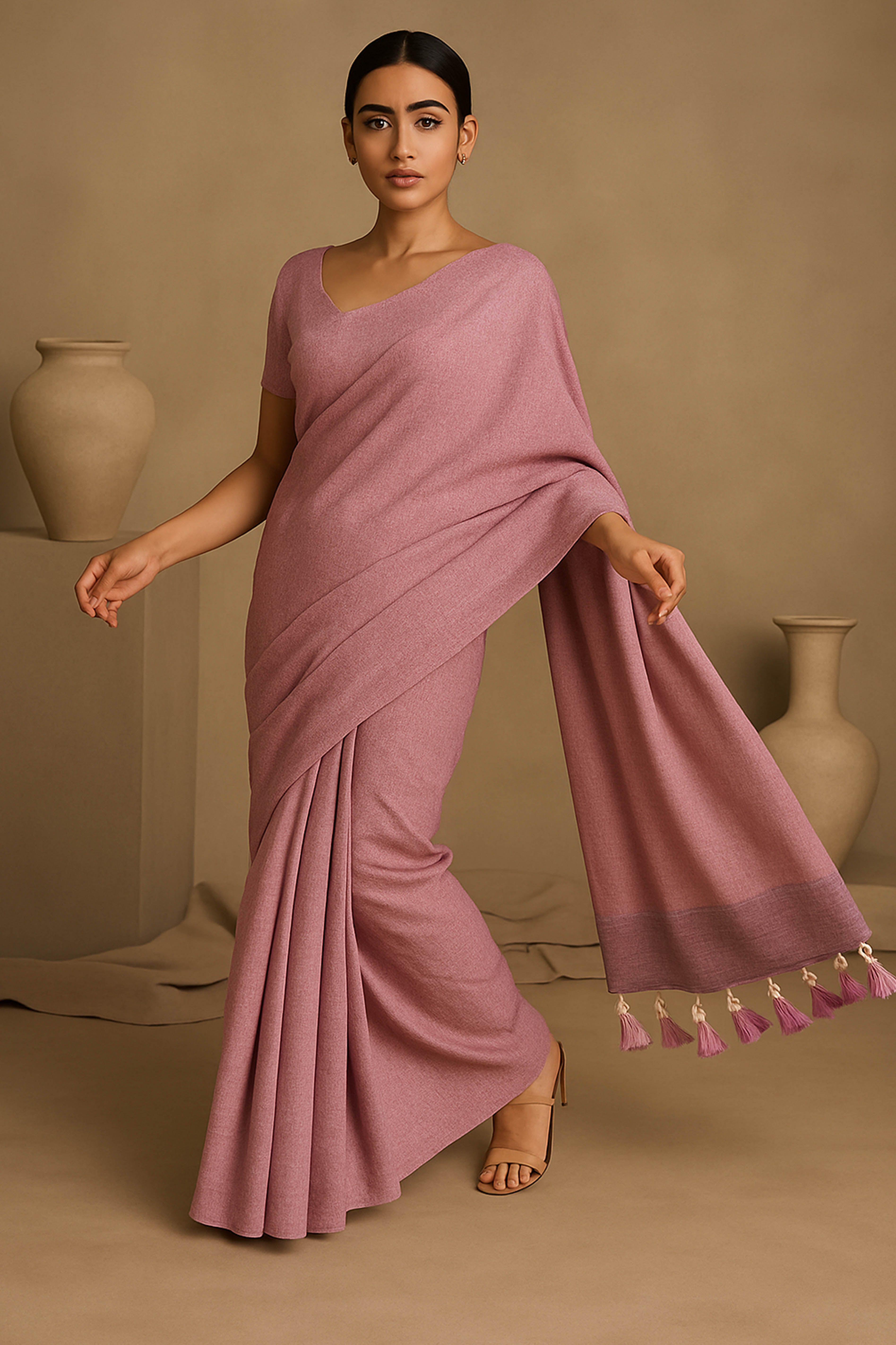 Pure Cotton Rose Pink Saree with Tassels & Blouse Piece