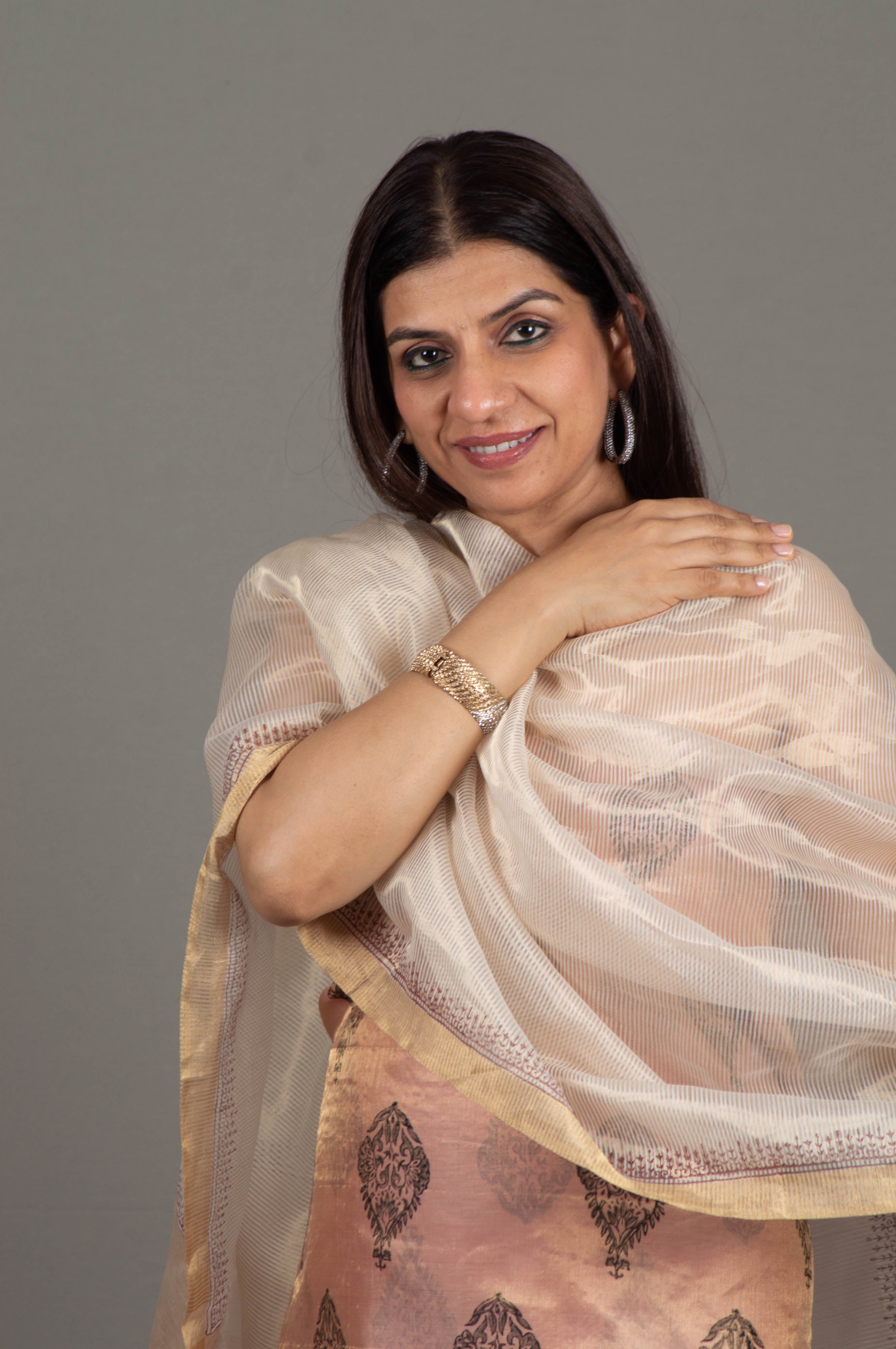 Jharna Tissue Cotton Silk Maheshwari Unstitched Suit Set in Light Onion Pink & Light Grey - Indian Handloomz