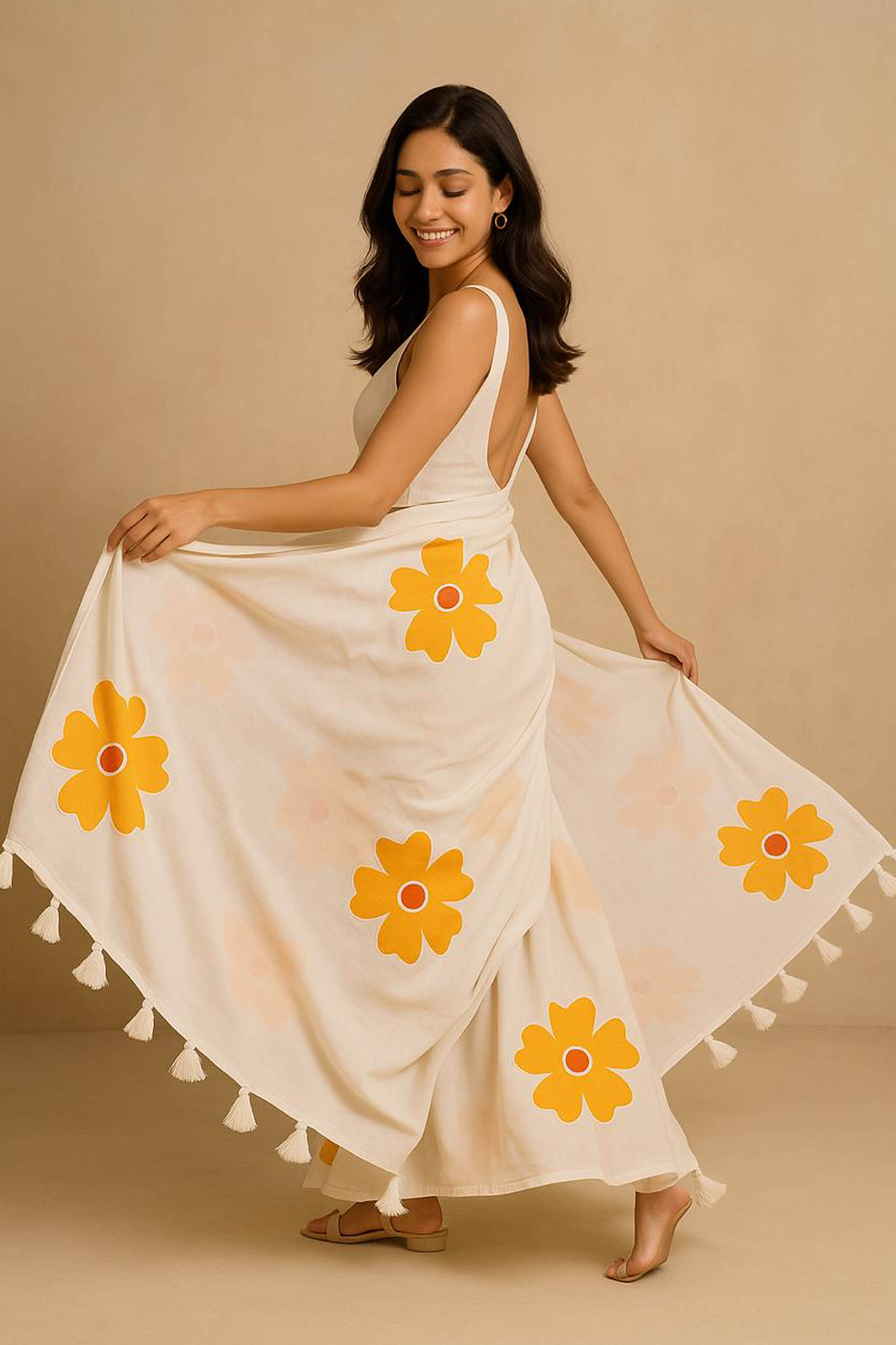 Pure Mul Cotton White Hand Painted Saree