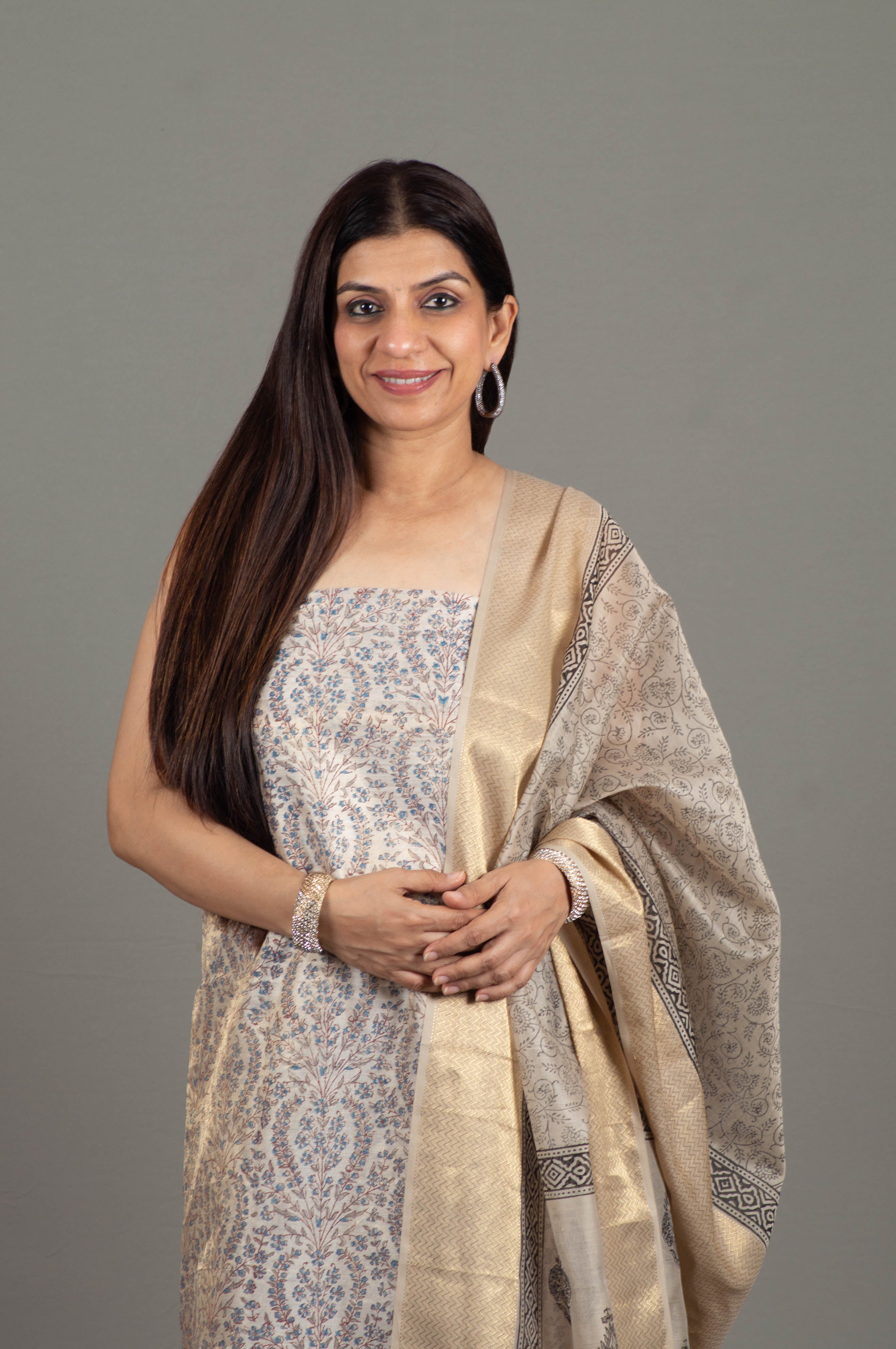 Kasturi Tissue Cotton Silk Maheshwari Unstitched Suit Set in Blue & Brown Hues in Floral Print with Beige Golden Shade & Double Zari Border - Indian Handloomz