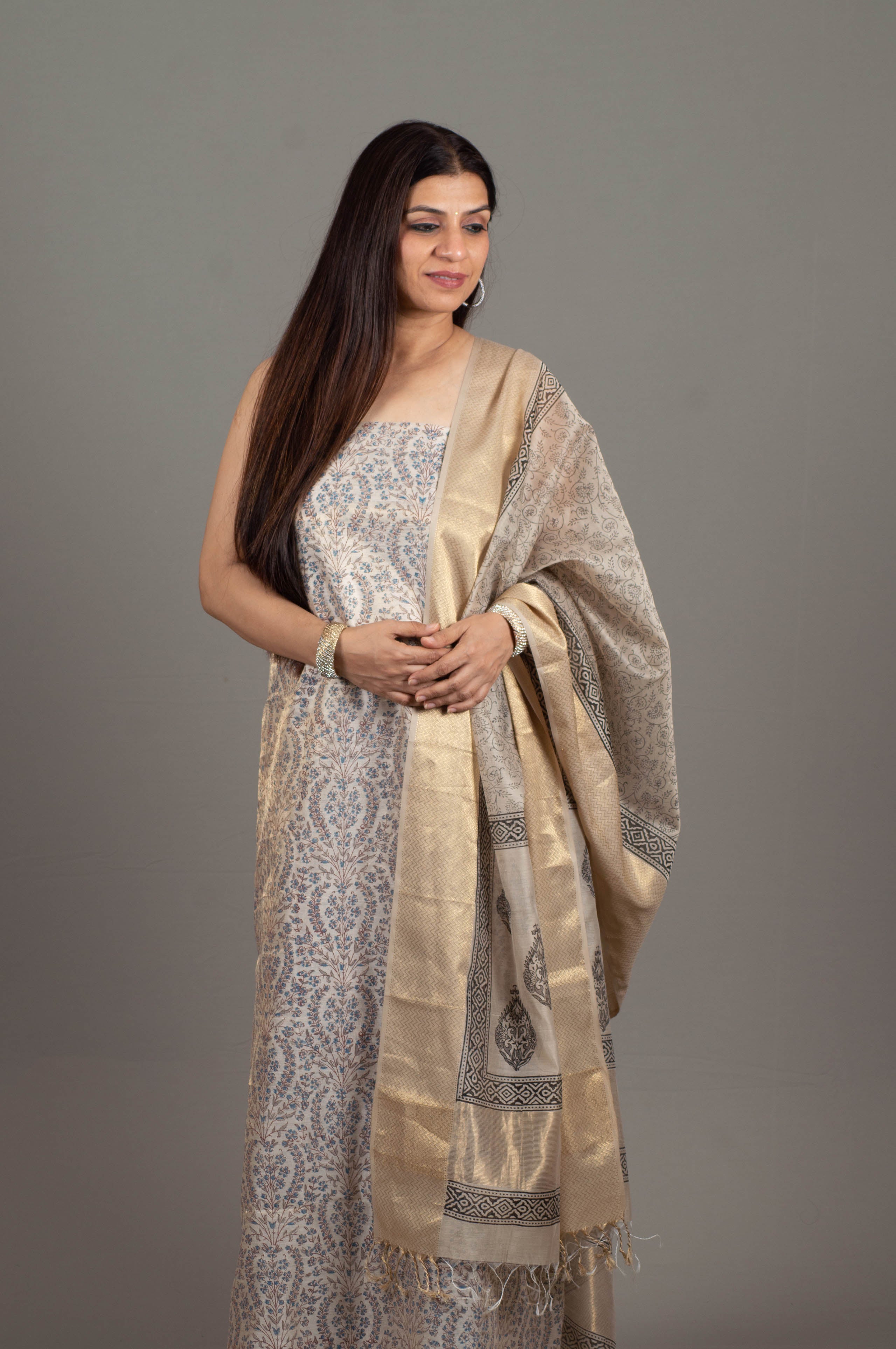 Kasturi Tissue Cotton Silk Maheshwari Unstitched Suit Set in Blue & Brown Hues in Floral Print with Beige Golden Shade & Double Zari Border - Indian Handloomz